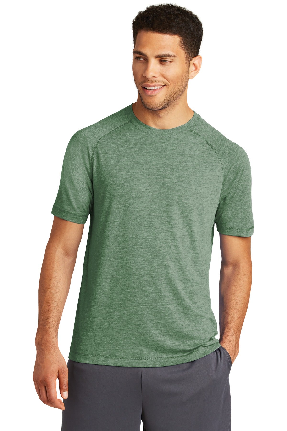 Front View of Forest Grn Hth Sport-Tek PosiCharge Tri-Blend Wicking Raglan Tee. ST400