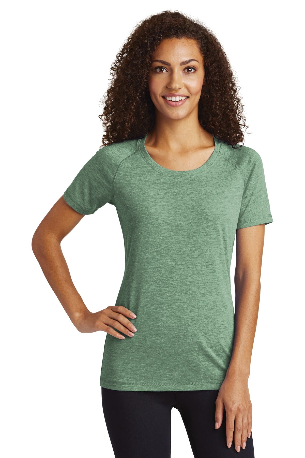 Front View of Forest Grn Hth Sport-Tek Women's PosiCharge Tri-Blend Wicking Scoop Neck Raglan Tee. LST400