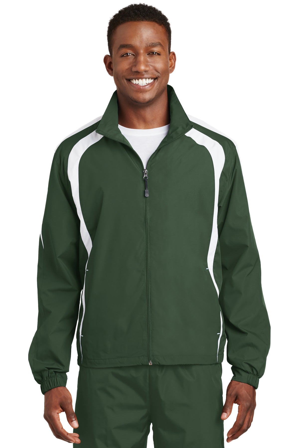 Front View of Forest Grn/Wht Sport-Tek Colorblock Raglan Jacket. JST60