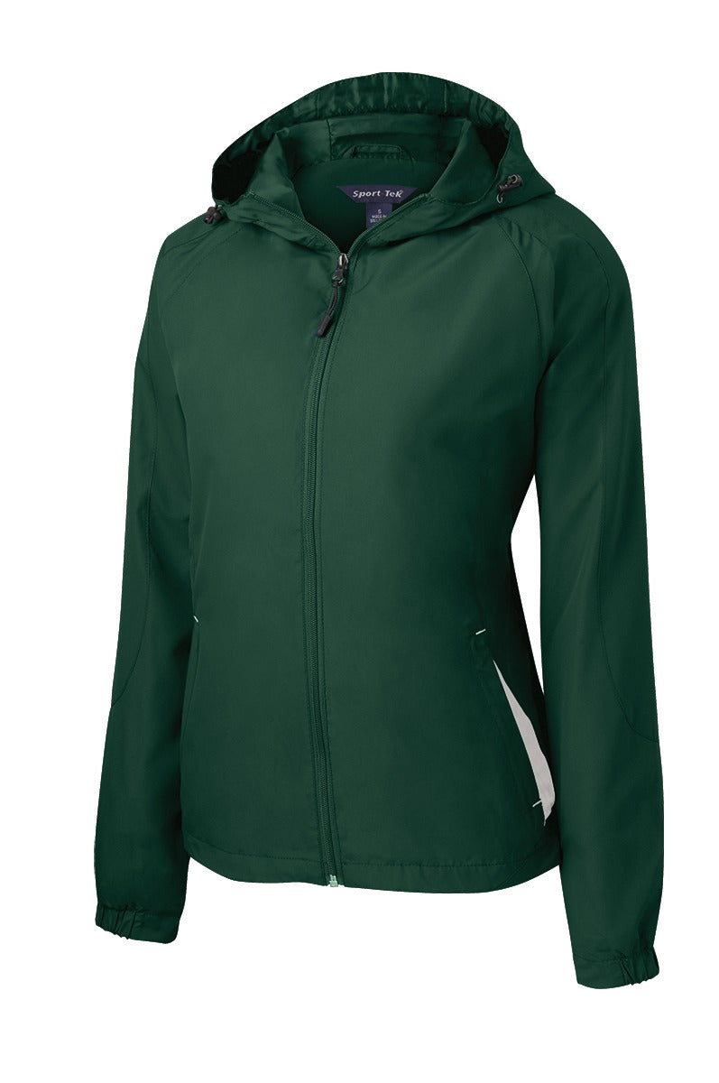 Front View of Forest Grn/Wht Sport-Tek Women's Colorblock Hooded Raglan Jacket. LST76