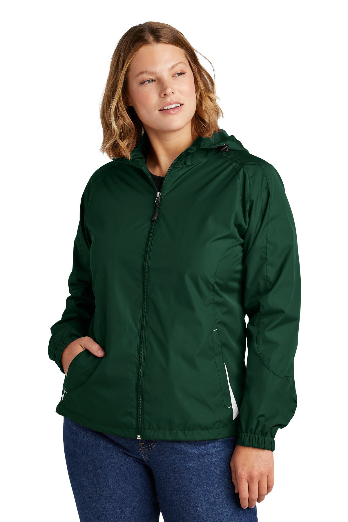 Front View of Forest Grn/Wht Sport-Tek Women's Colorblock Hooded Raglan Jacket. LST76