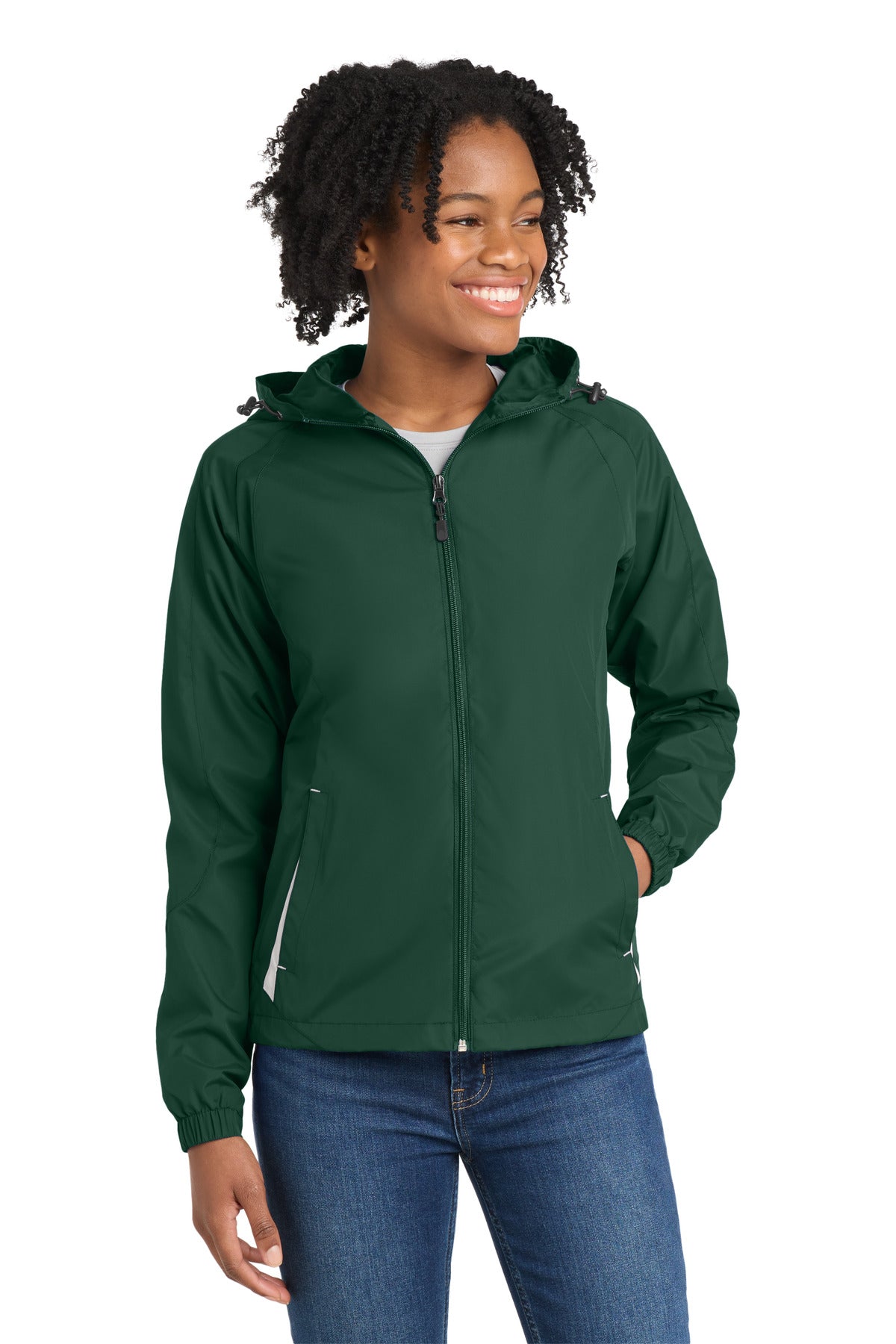 Front View of Forest Grn/Wht Sport-Tek Women's Colorblock Hooded Raglan Jacket. LST76