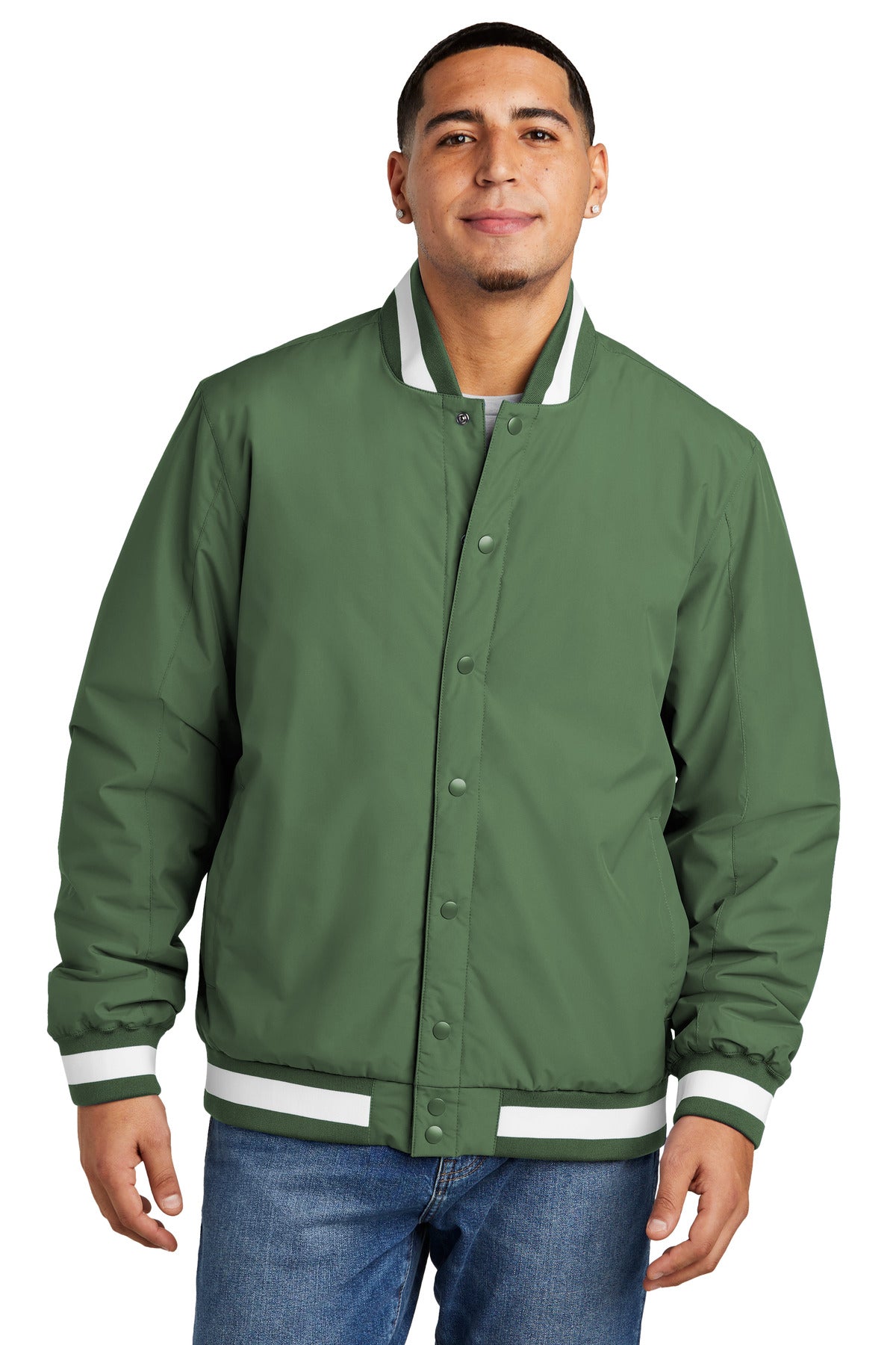 Front View of ForestGrn Sport-Tek Insulated Varsity Jacket JST58