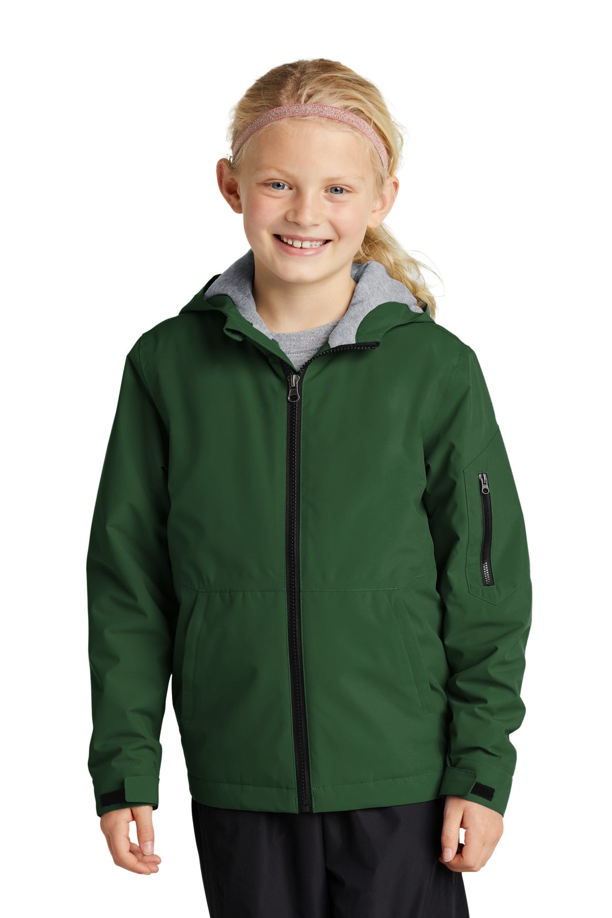 Front View of ForestGrn Sport-Tek Youth Waterproof Insulated Jacket YST56