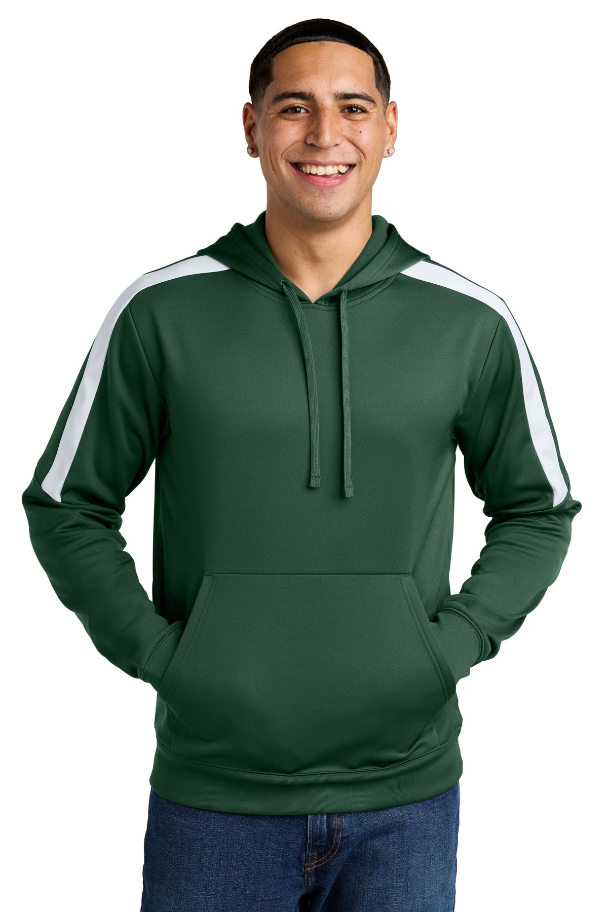 Front View of FrGn/White Sport-Tek Sport-Wick Fleece United Pullover Hoodie ST255