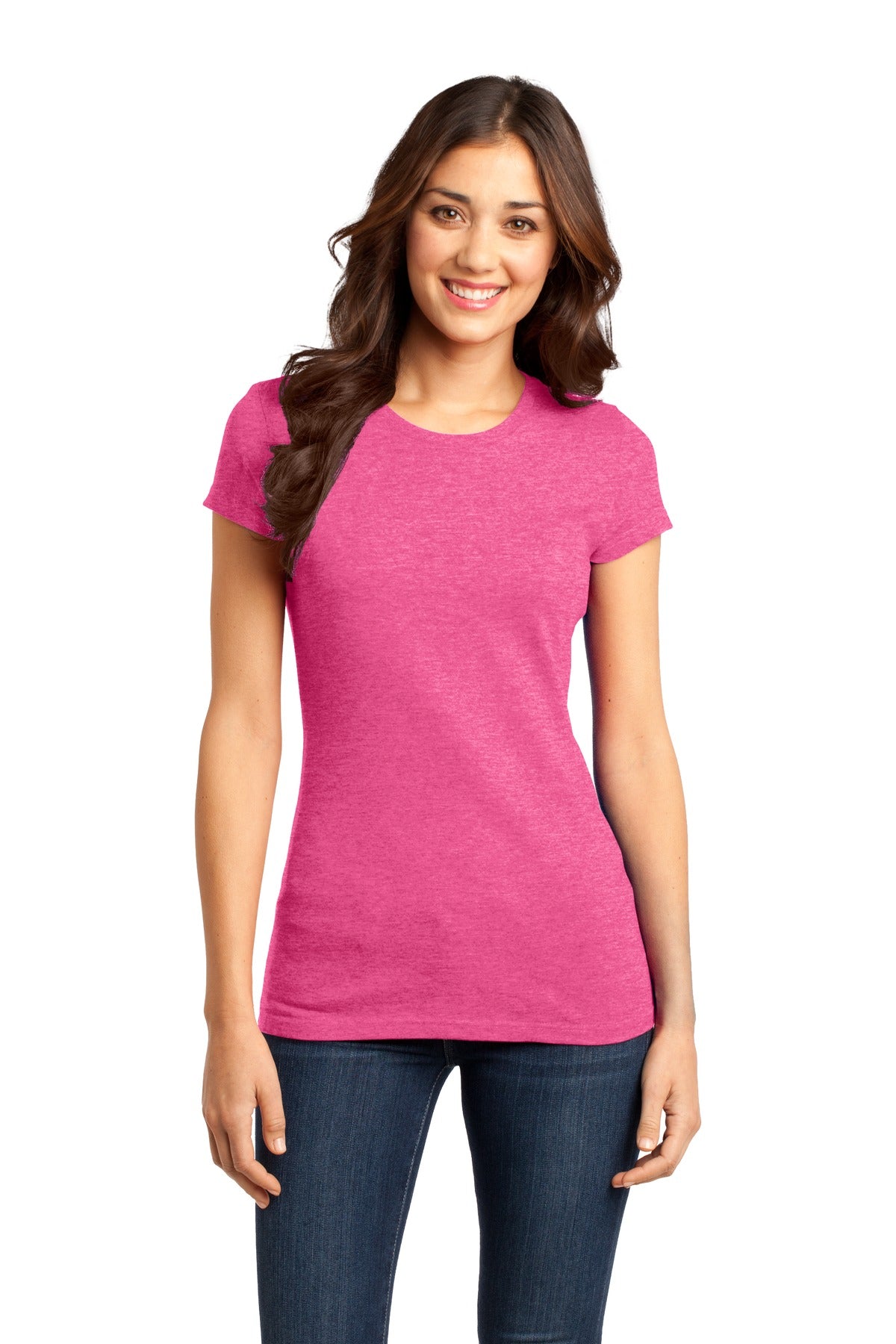 Front View of Fuchsia Frost District Women's Fitted Very Important Tee . DT6001