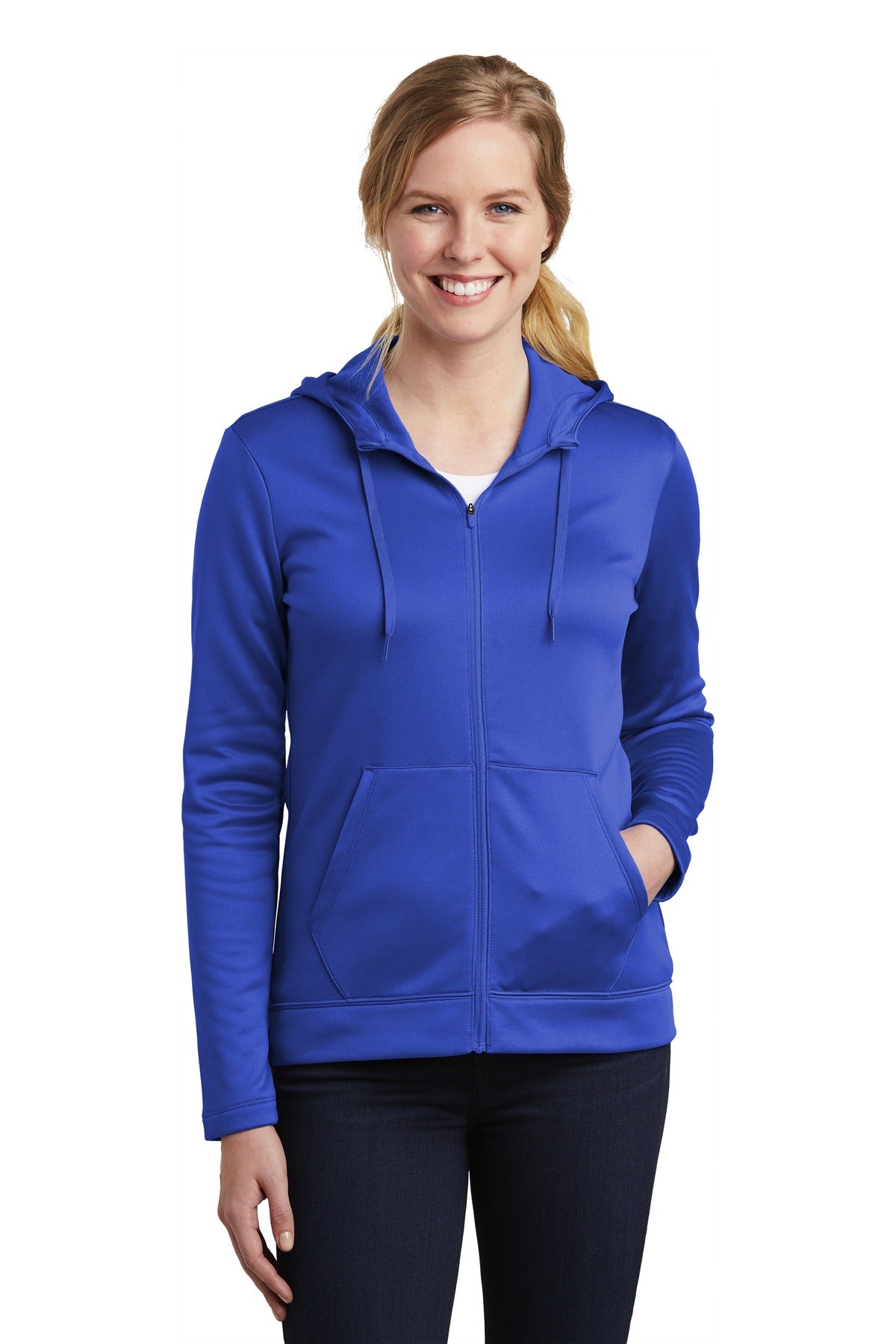 Front View of Game Royal Nike Women's Therma-FIT Full-Zip Fleece Hoodie. NKAH6264