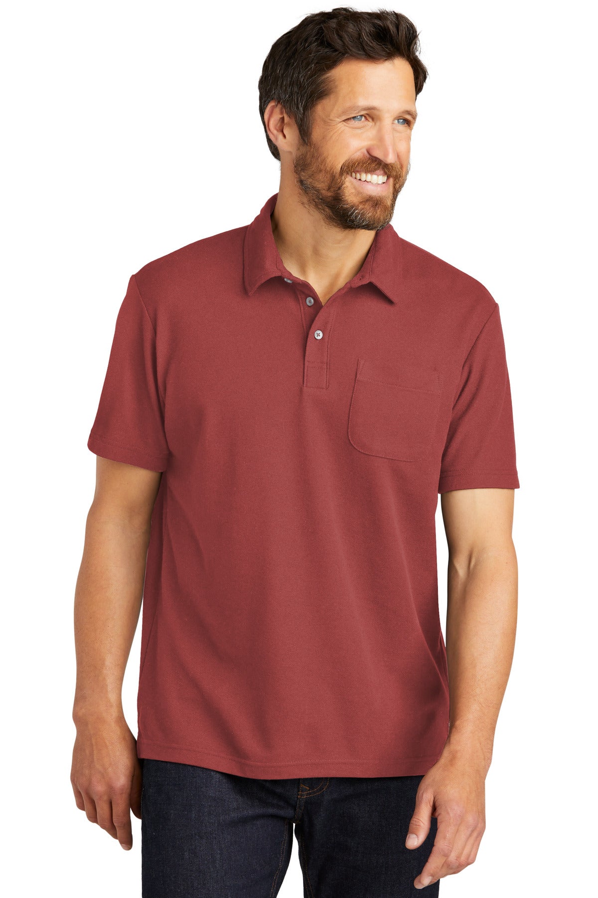 Front View of Garnet Port Authority C-FREE Cotton Blend Pique Pocket Polo K868