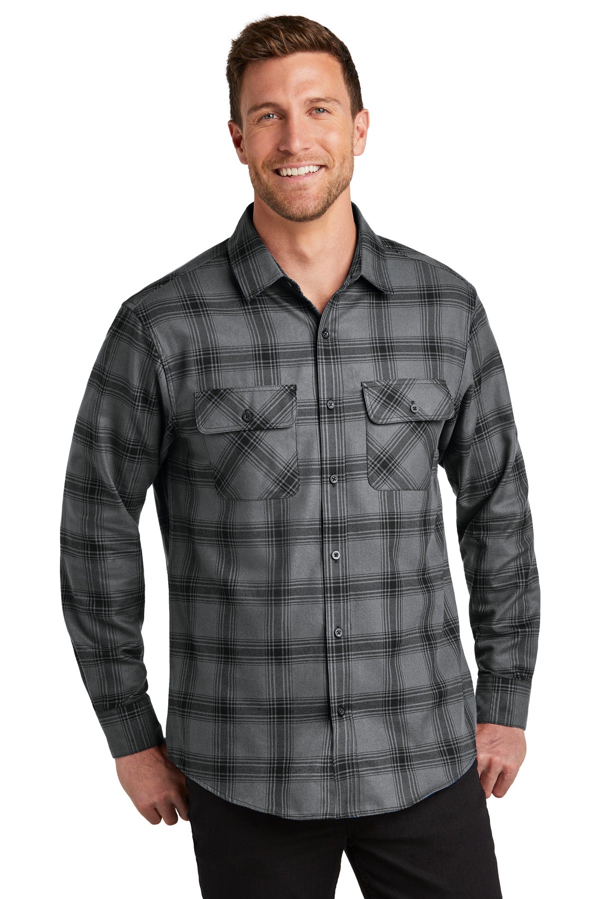 Front View of G/BkOpnPld Port Authority Plaid Flannel Shirt. W668
