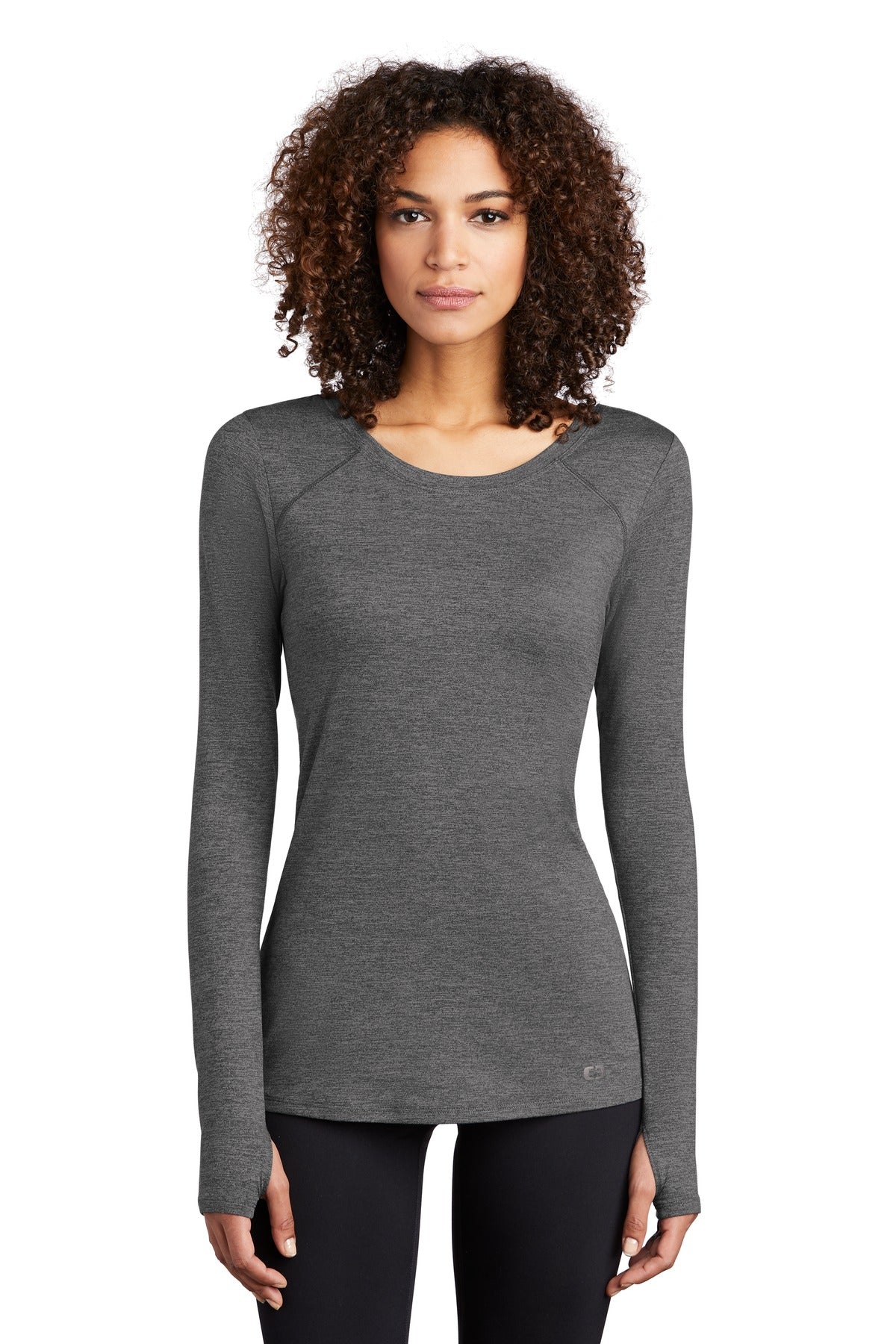 Front View of Gear Grey Hthr OGIO Women's Force Long Sleeve Tee LOE340