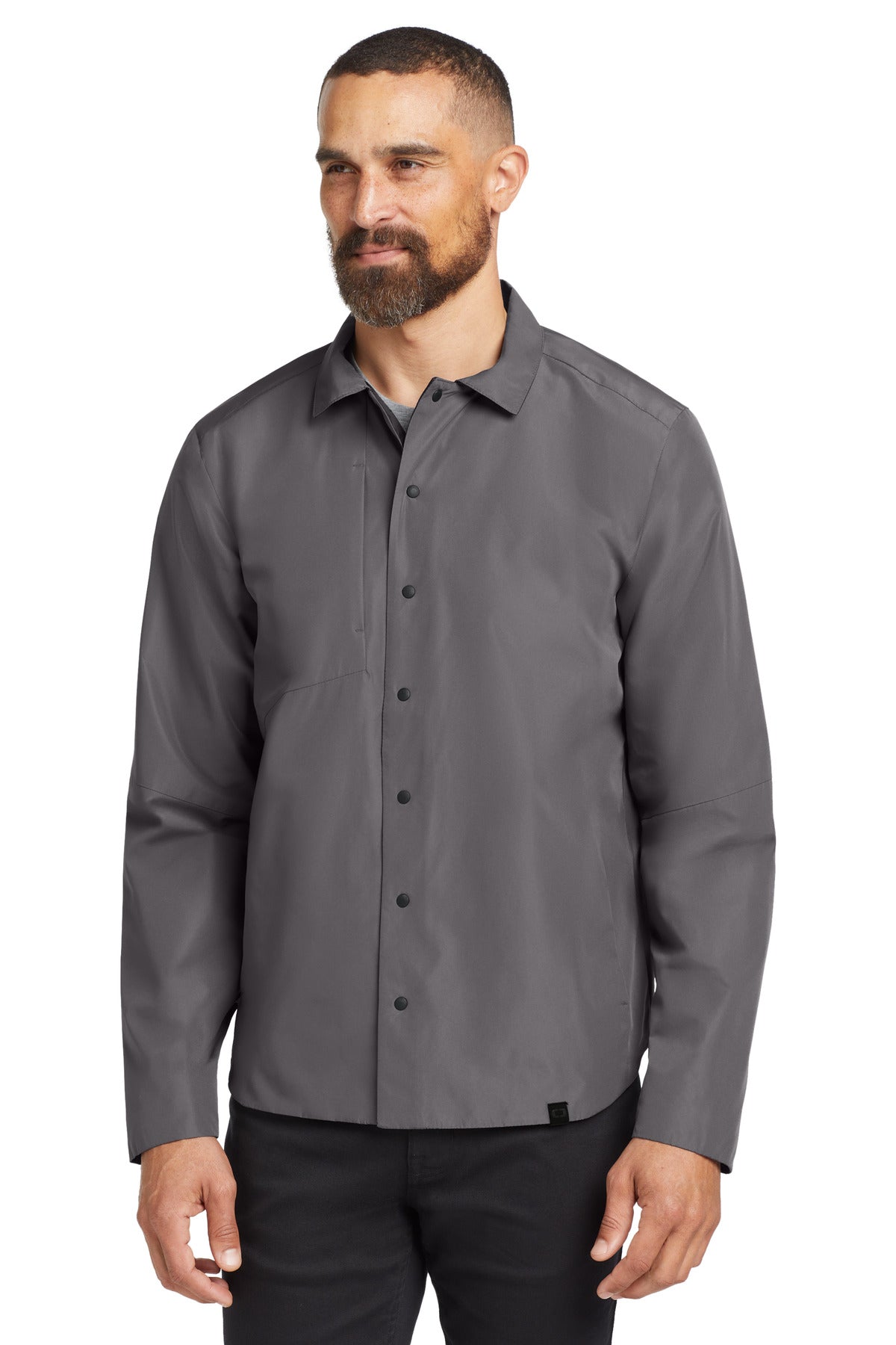 Front View of Gear Grey OGIO Reverse Shirt Jacket. OG754