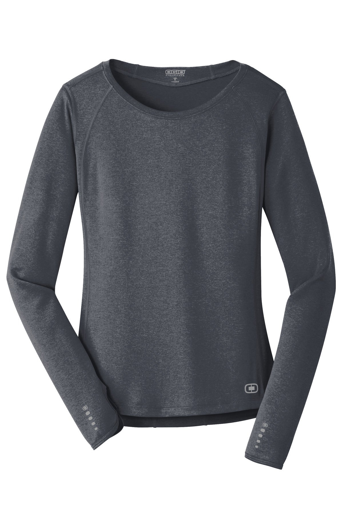 Front View of Gear Grey OGIO Women's Long Sleeve Pulse Crew. LOE321