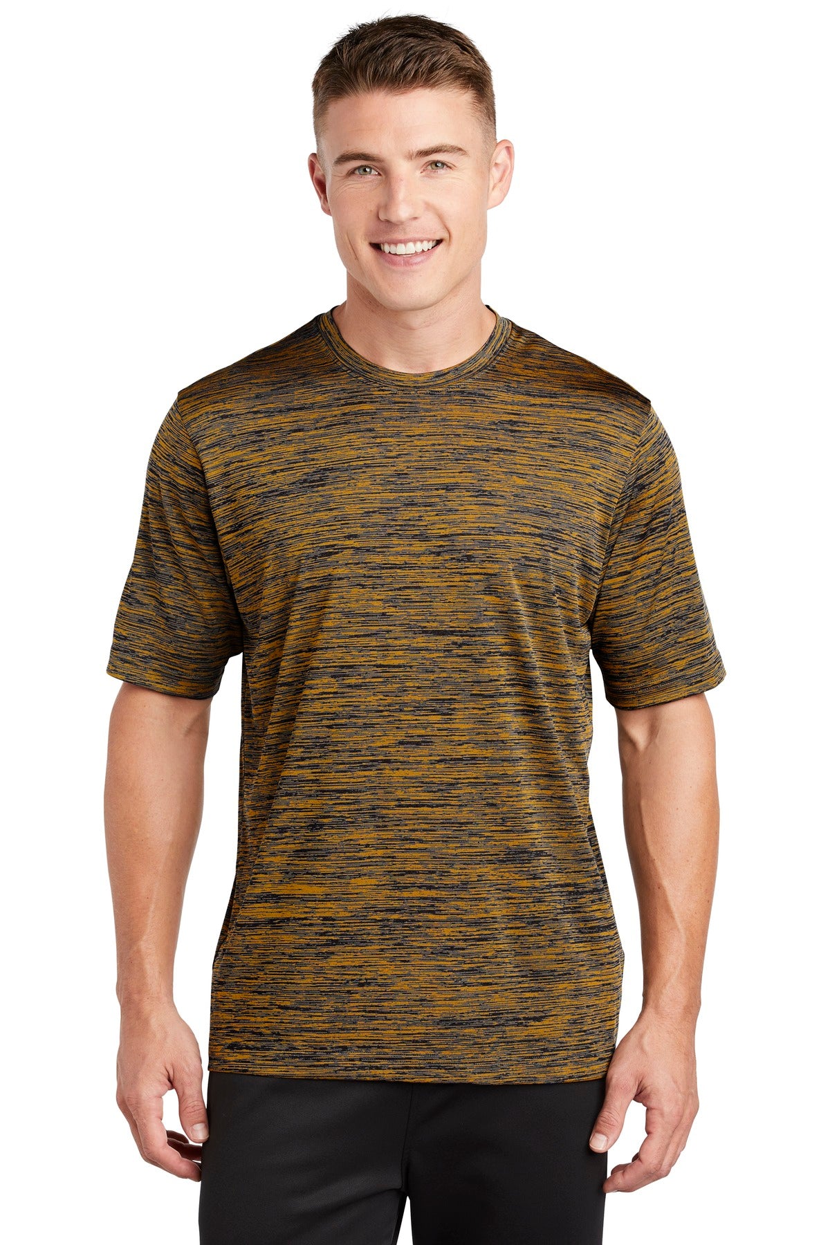 Front View of Gold-Black Ele Sport-Tek PosiCharge Electric Heather Tee. ST390