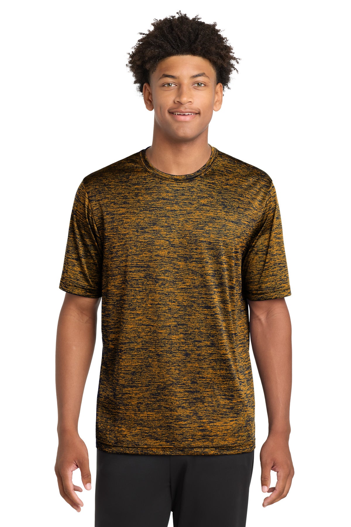 Front View of Gold-Black Ele Sport-Tek PosiCharge Electric Heather Tee. ST390