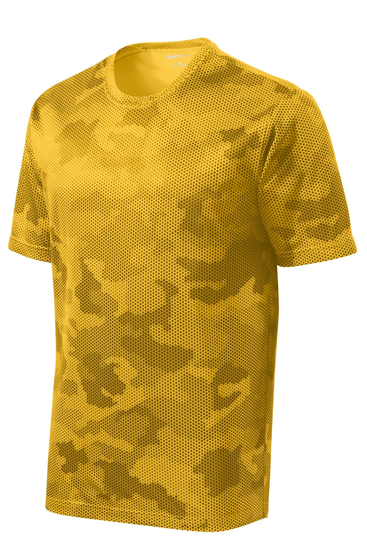 Front View of Gold Sport-Tek CamoHex Tee. ST370