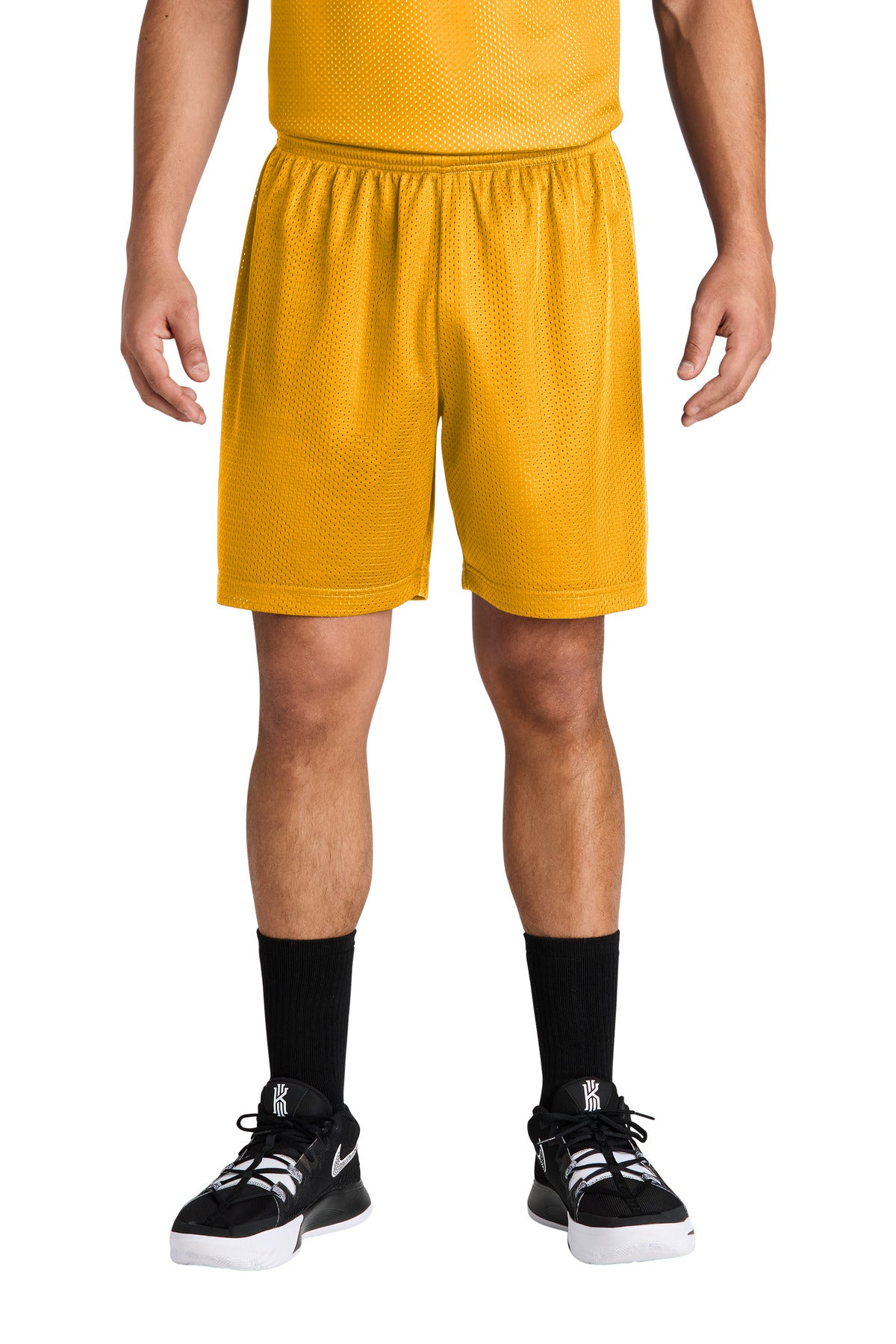Front View of Gold Sport-Tek PosiCharge Mesh 7" Short ST5100