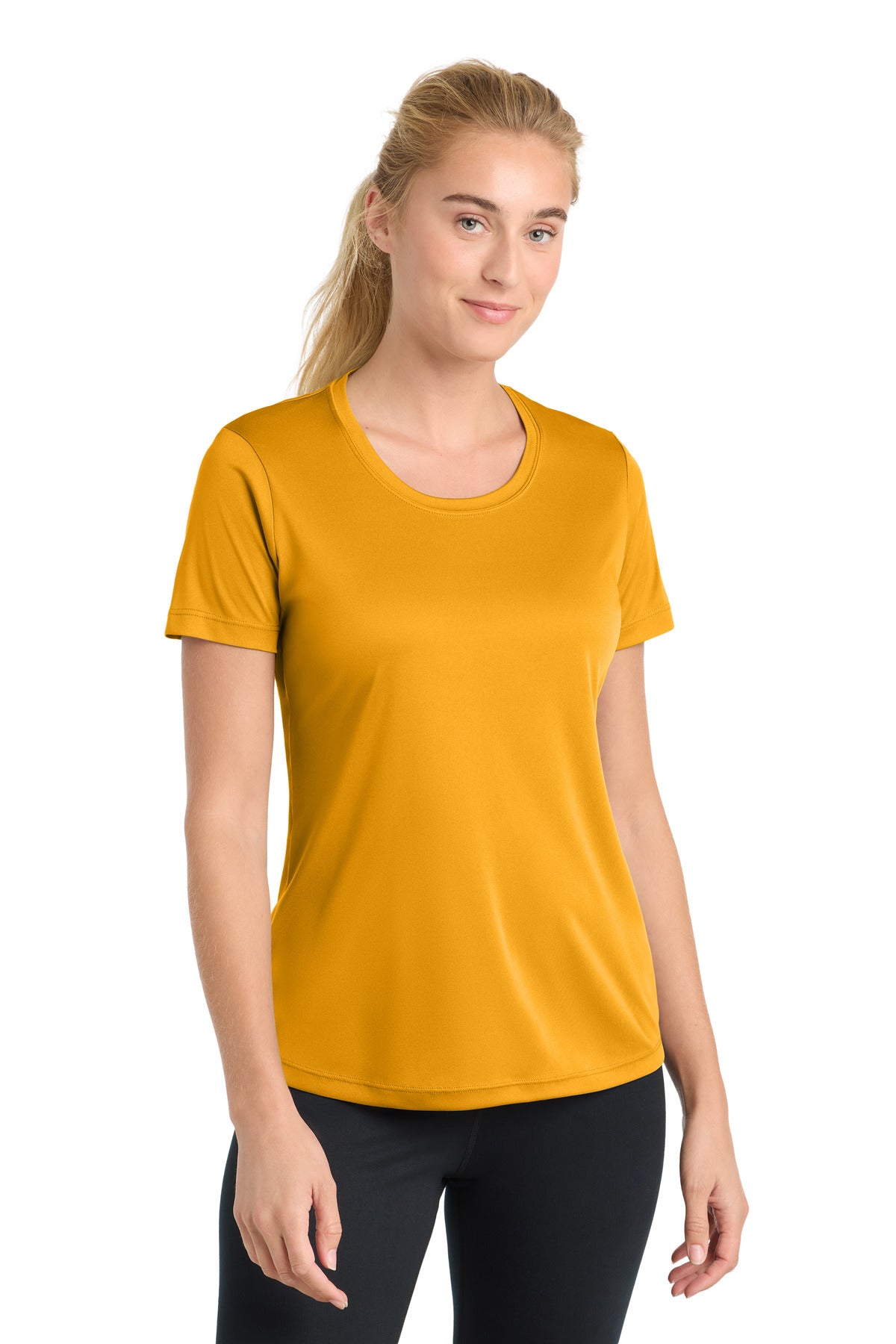 Front View of Gold Sport-Tek Women's PosiCharge Competitor Tee. LST350