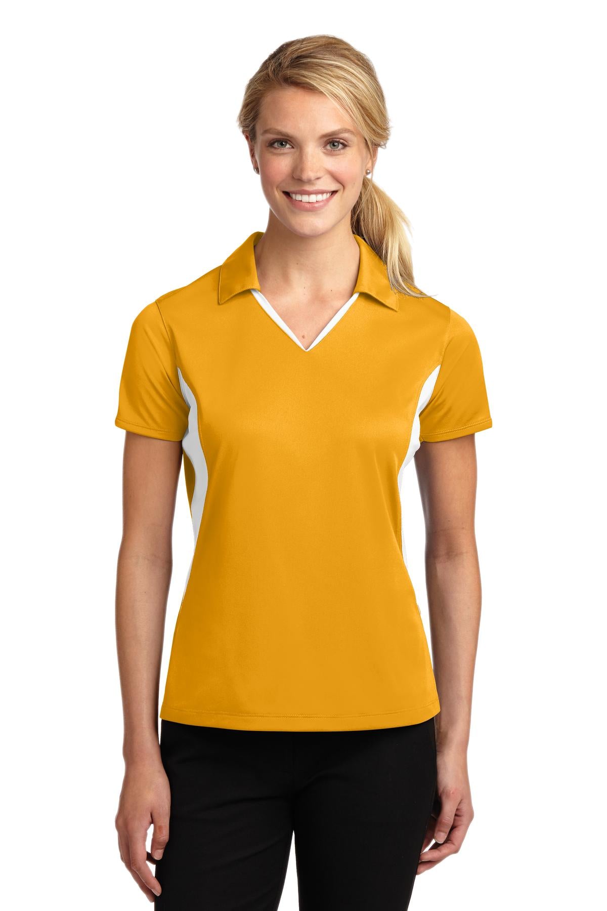 Front View of Gold/White Sport-Tek Women's Side Blocked Micropique Sport-Wick Polo. LST655