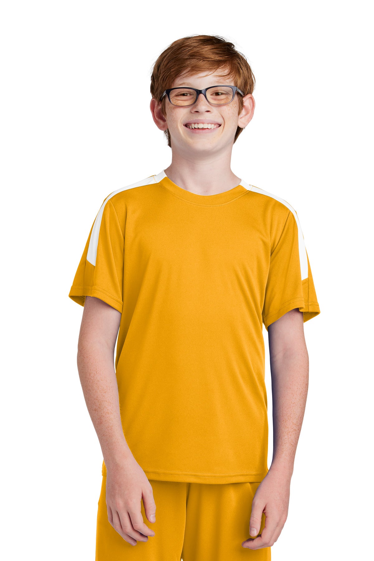 Front View of Gold/White Sport-Tek Youth Competitor United Crew YST100