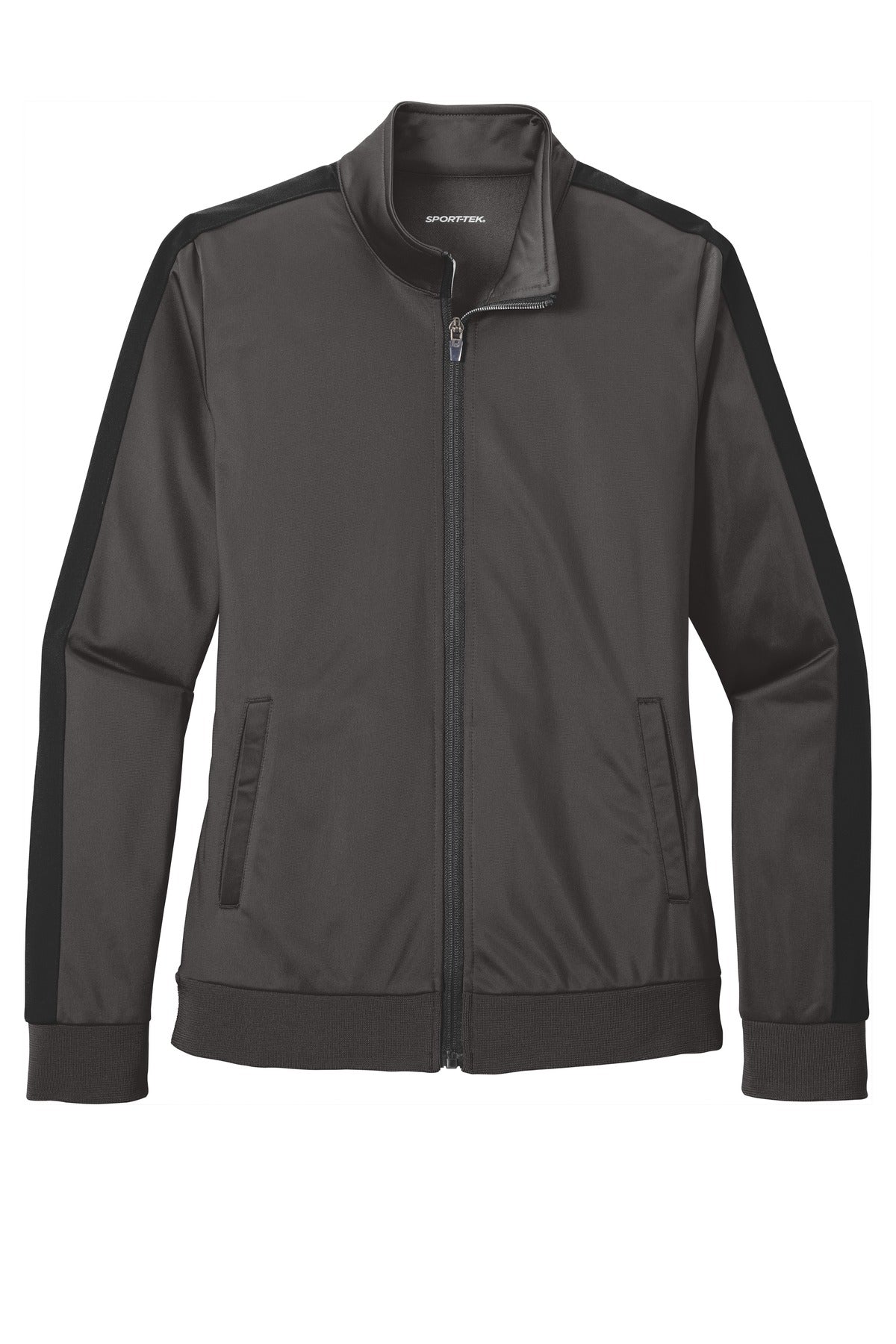 Front View of Graph Grey/Blk Sport-Tek Ladies Tricot Sleeve Stripe Track Jacket. LST94