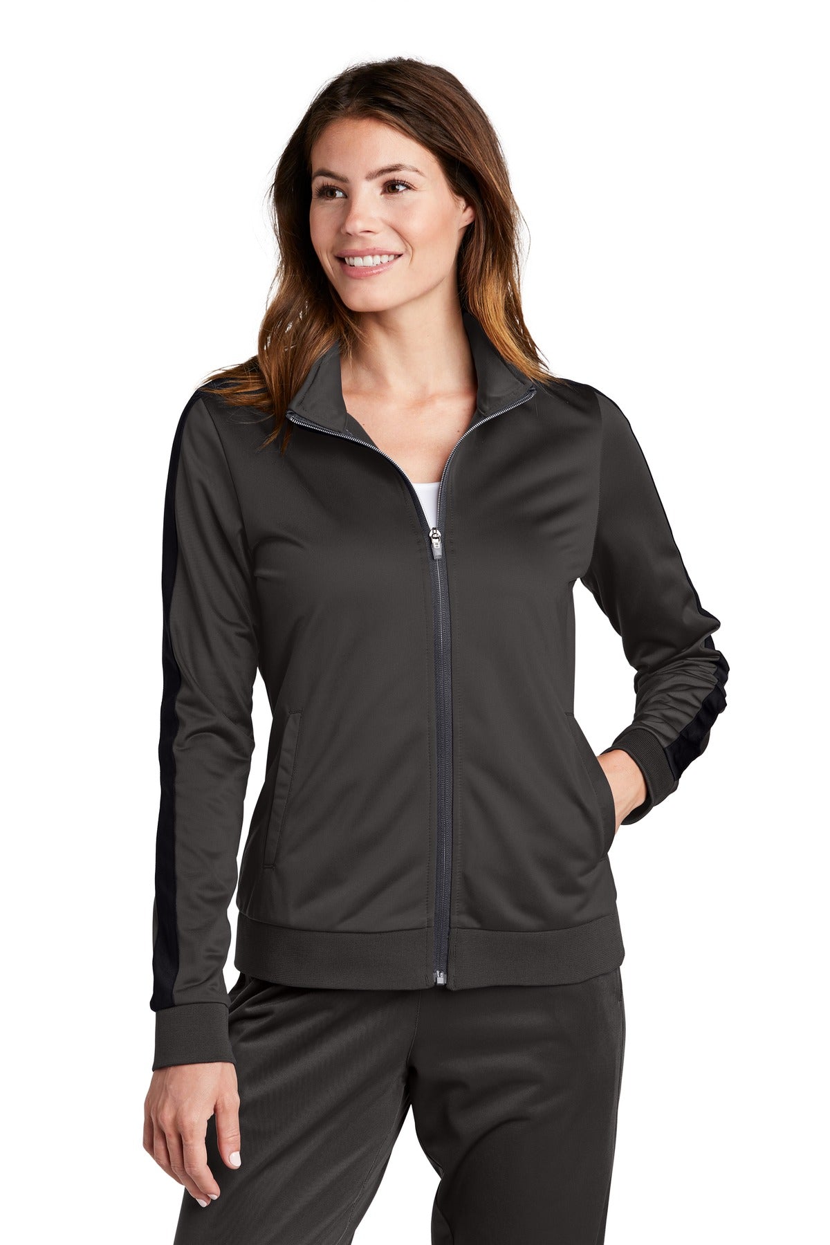 Front View of Graph Grey/Blk Sport-Tek Ladies Tricot Sleeve Stripe Track Jacket. LST94