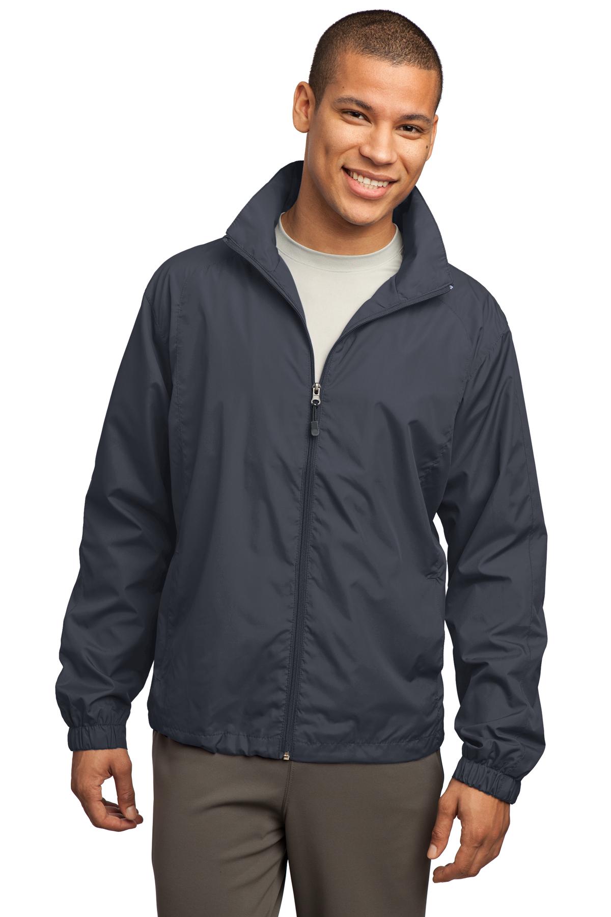Front View of Graphite Grey Sport-Tek Full-Zip Wind Jacket. JST70