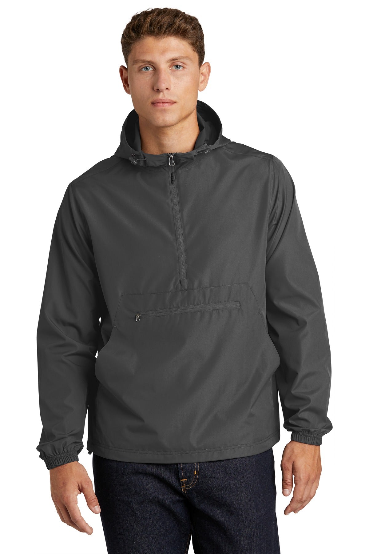 Front View of Graphite Grey Sport-Tek Packable Anorak. JST66