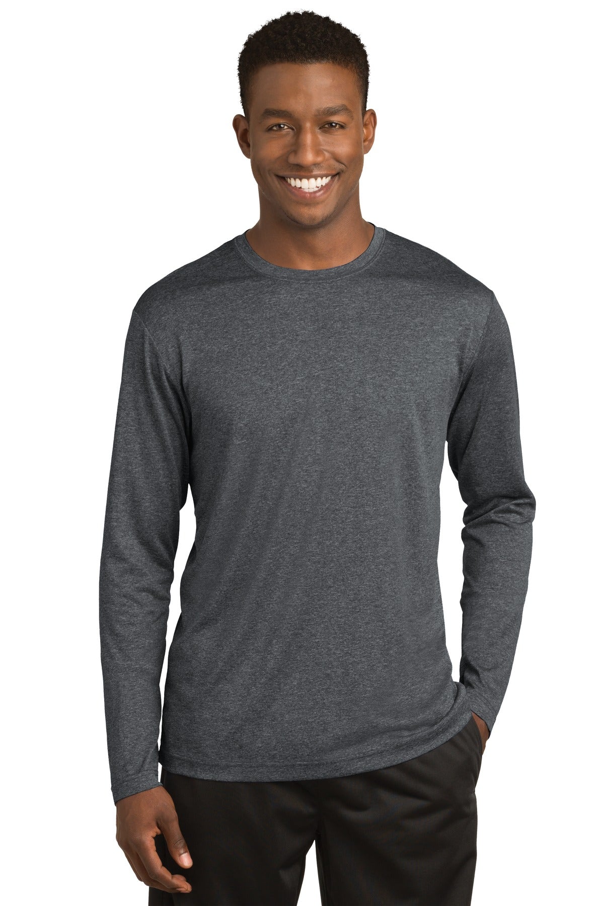 Front View of Graphite Hthr Sport-Tek Long Sleeve Heather Contender Tee. ST360LS