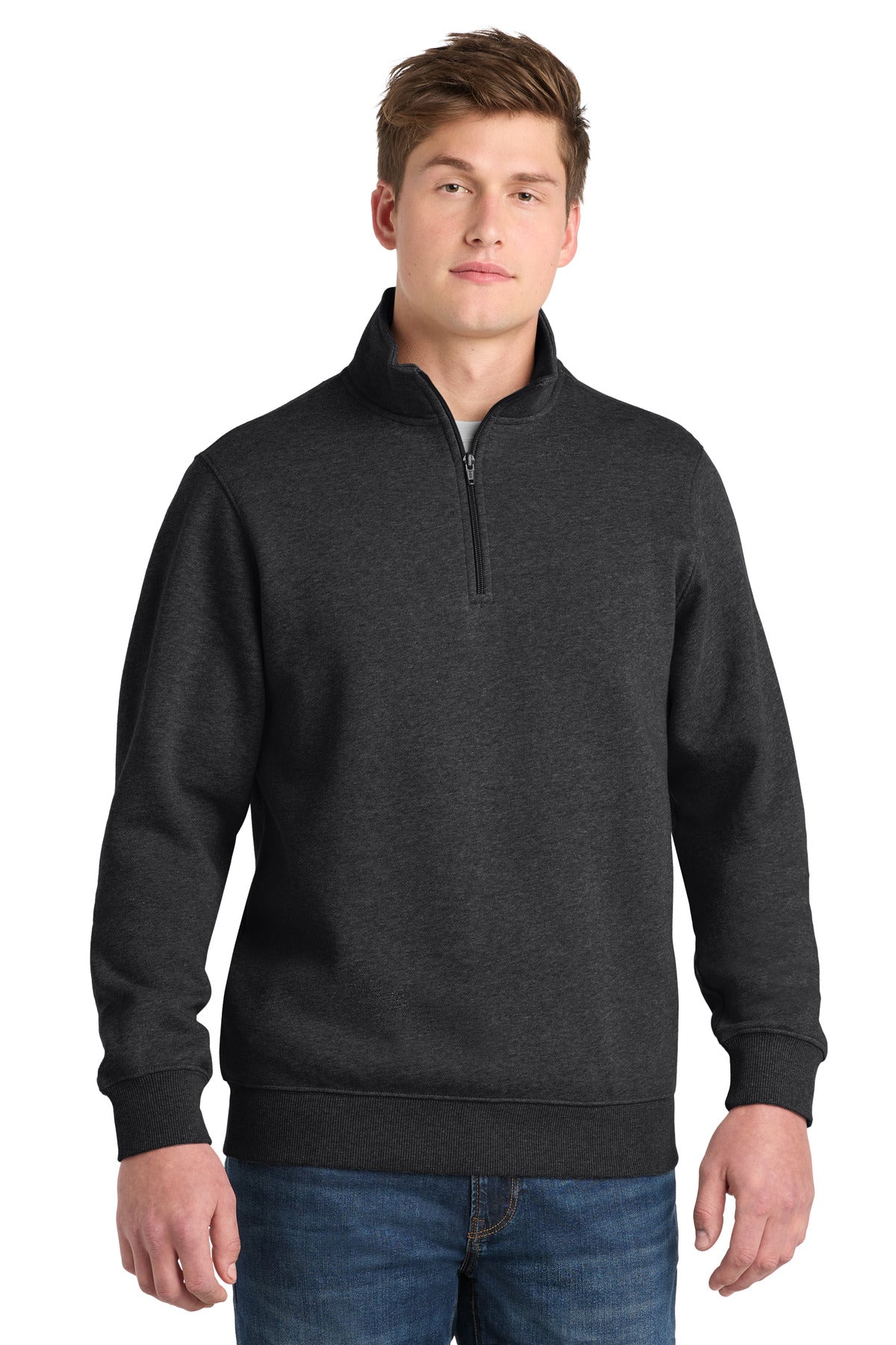 Front View of Graphite Hthr Sport-Tek Tall 1/4-Zip Sweatshirt. TST253