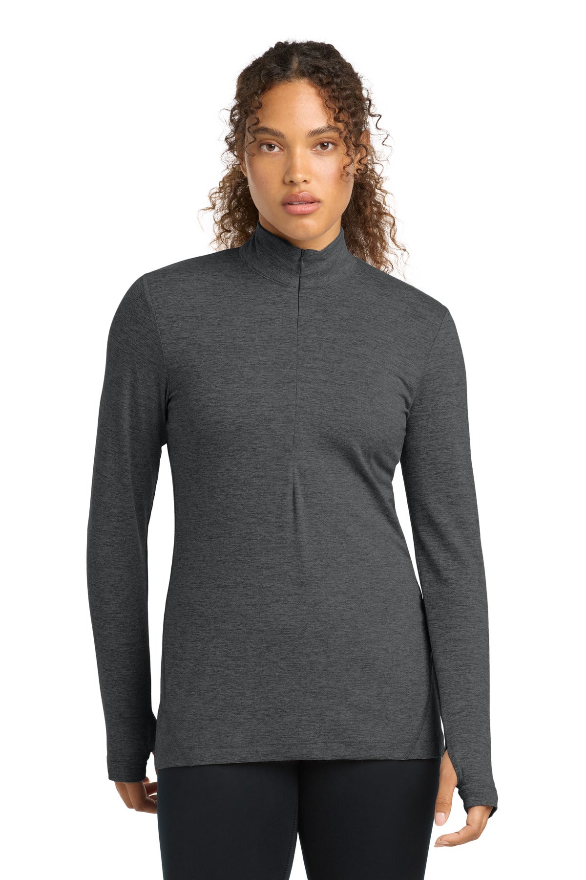 Front View of Graphite Hthr Sport-Tek Women's Exchange 1.5 Long Sleeve 1/2-Zip LST711