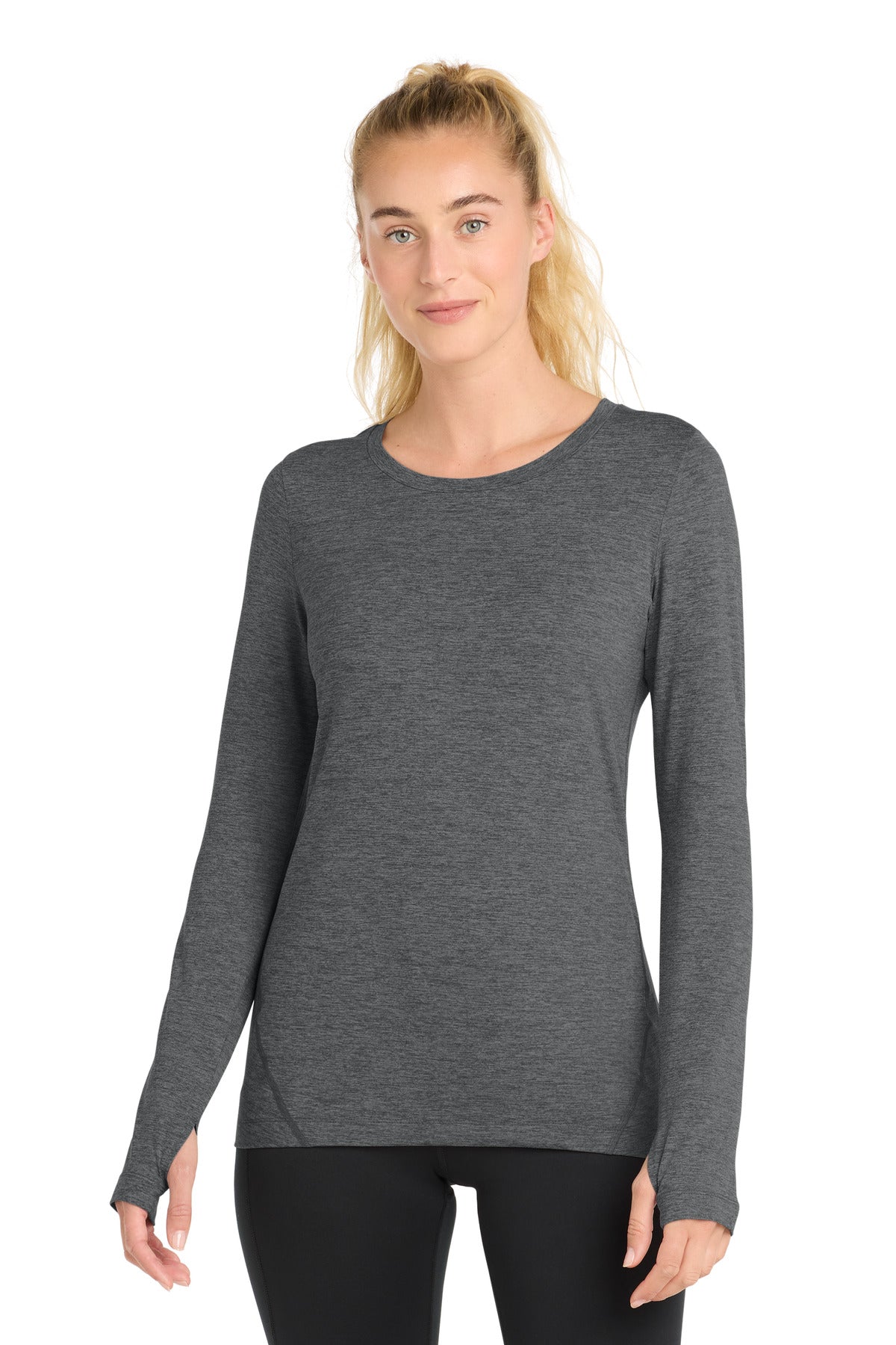 Front View of Graphite Hthr Sport-Tek Women's Exchange 1.5 Long Sleeve Crew LST710