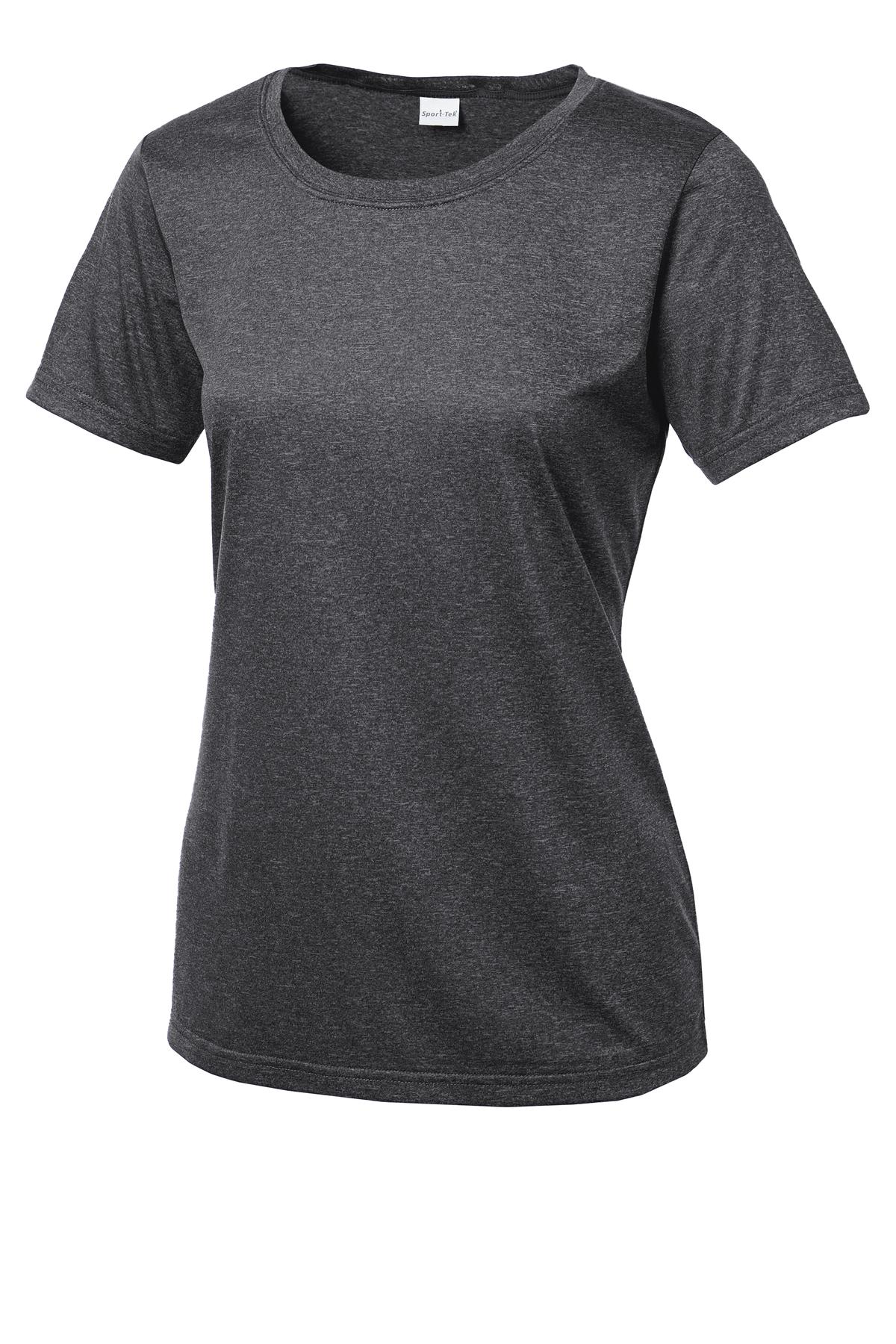 Front View of Graphite Hthr Sport-Tek Women's Heather Contender Scoop Neck Tee. LST360