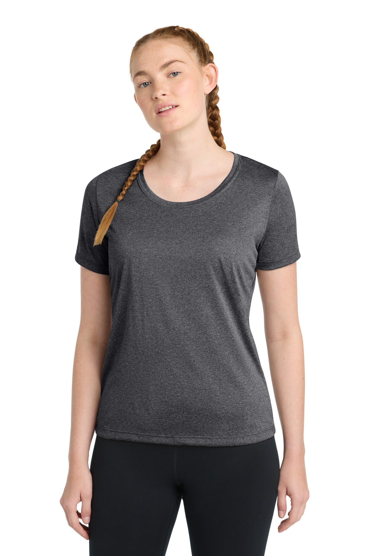 Front View of Graphite Hthr Sport-Tek Women's Heather Contender Scoop Neck Tee. LST360