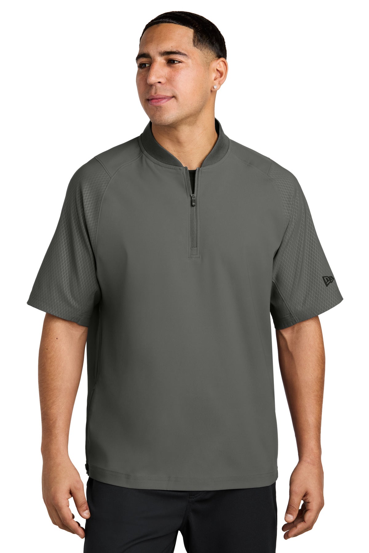 Front View of Graphite New Era Cage Short Sleeve 1/4-Zip Jacket. NEA600