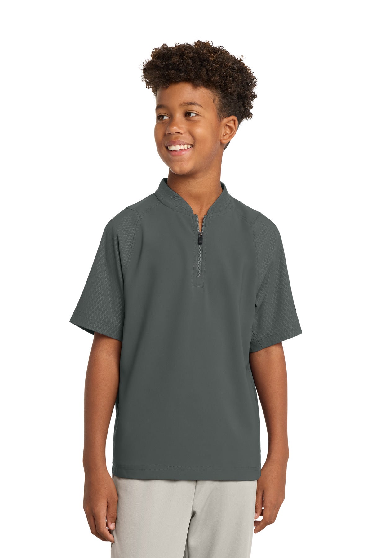 Front View of Graphite New Era Youth Cage Short Sleeve 1/4-Zip Jacket. YNEA600