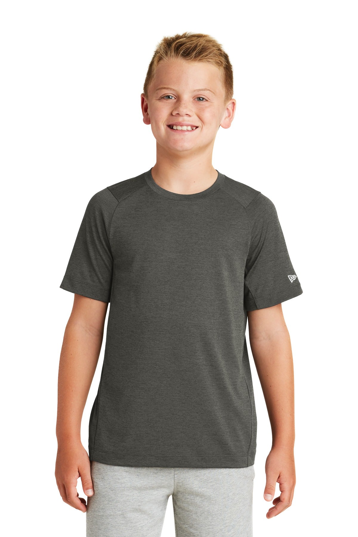 Front View of Graphite New Era Youth Series Performance Crew Tee. YNEA200
