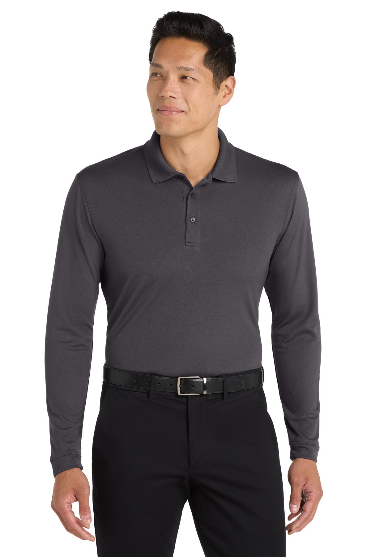 Front View of Graphite Port Authority Dry Zone UV Micro-Mesh Long Sleeve Polo K110LS