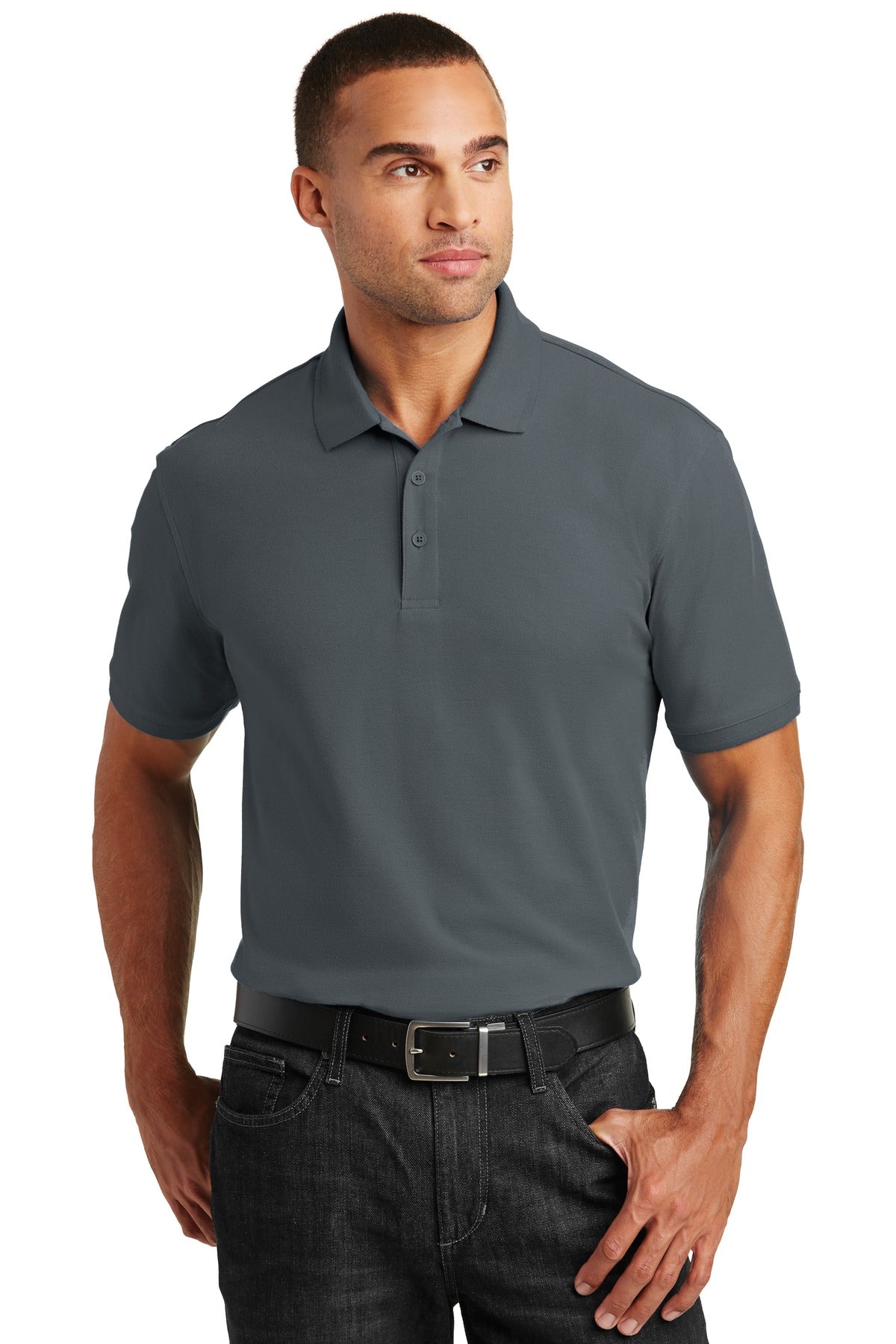 Front View of Graphite Port Authority Tall Core Classic Pique Polo. TLK100