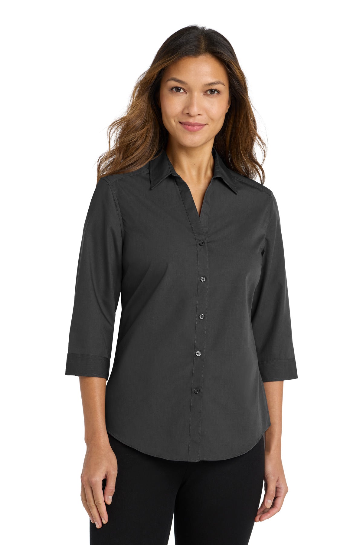 Front View of Graphite Port Authority Women's 3/4-Sleeve Carefree Poplin Shirt. LW102