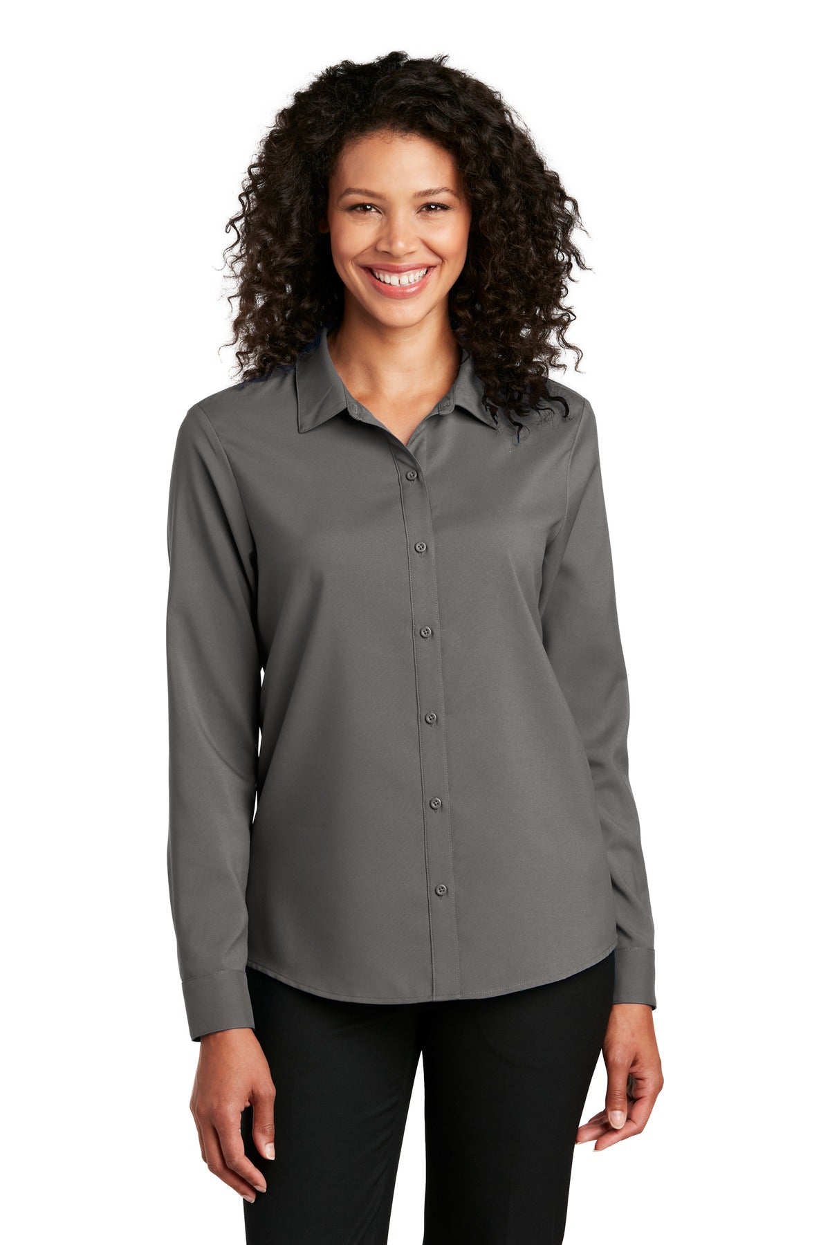 Front View of Graphite Port Authority Women's Long Sleeve Performance Staff Shirt LW401