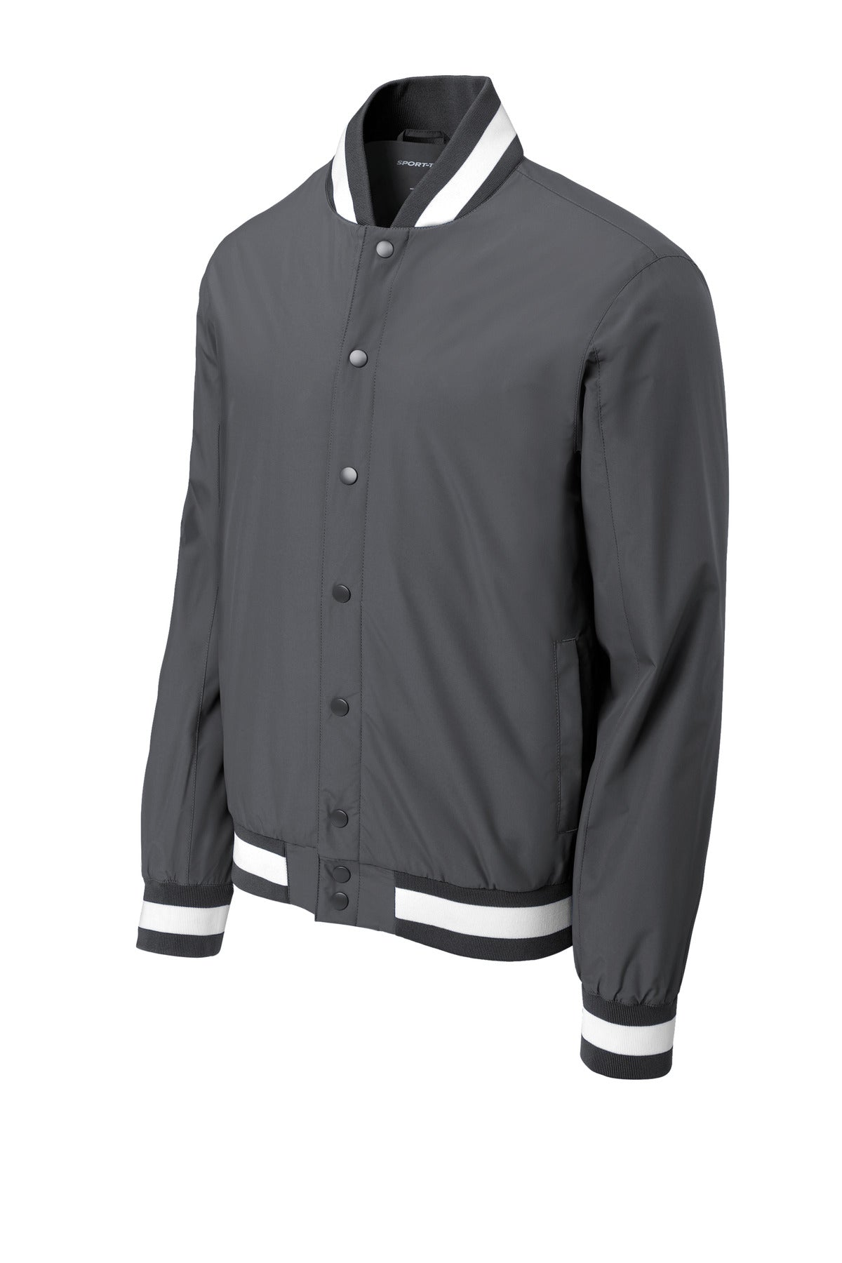 Front View of Graphite Sport-Tek Insulated Varsity Jacket JST58