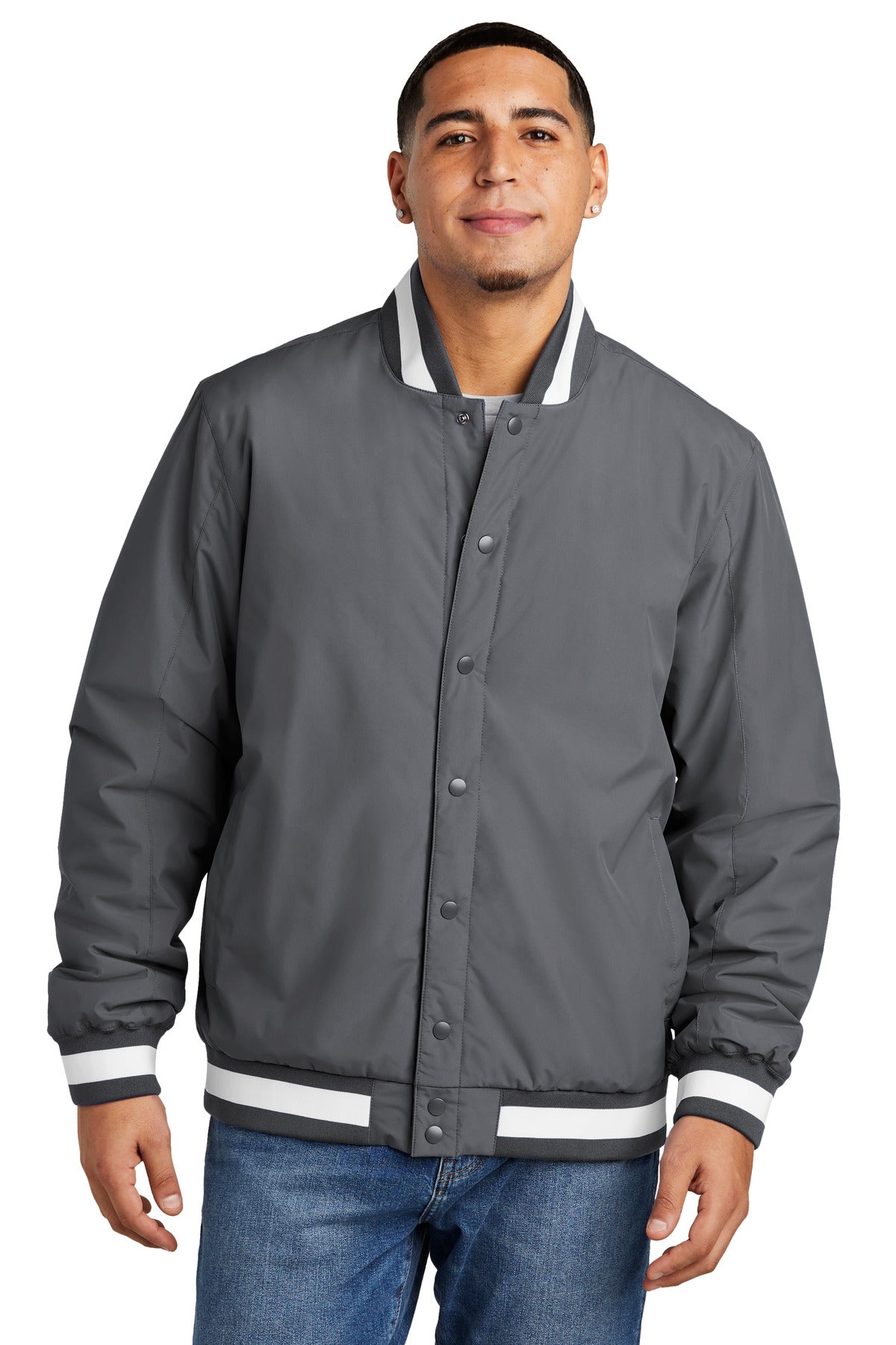 Front View of Graphite Sport-Tek Insulated Varsity Jacket JST58