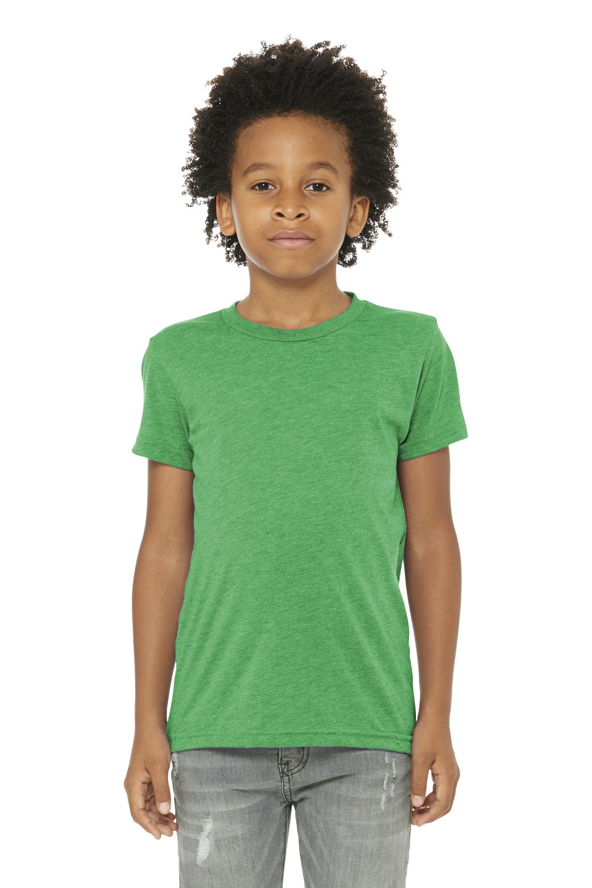 Front View of Green TB BELLA+CANVAS Youth Triblend Short Sleeve Tee. BC3413Y