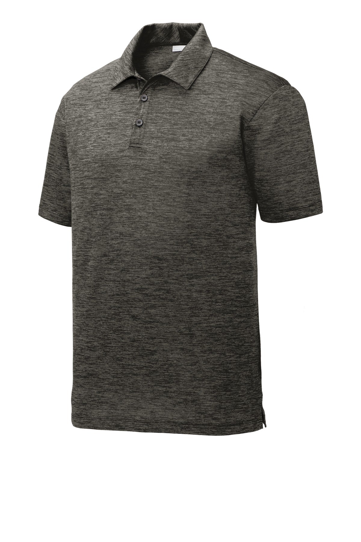 Front View of Grey-Black Ele Sport-Tek PosiCharge Electric Heather Polo. ST590