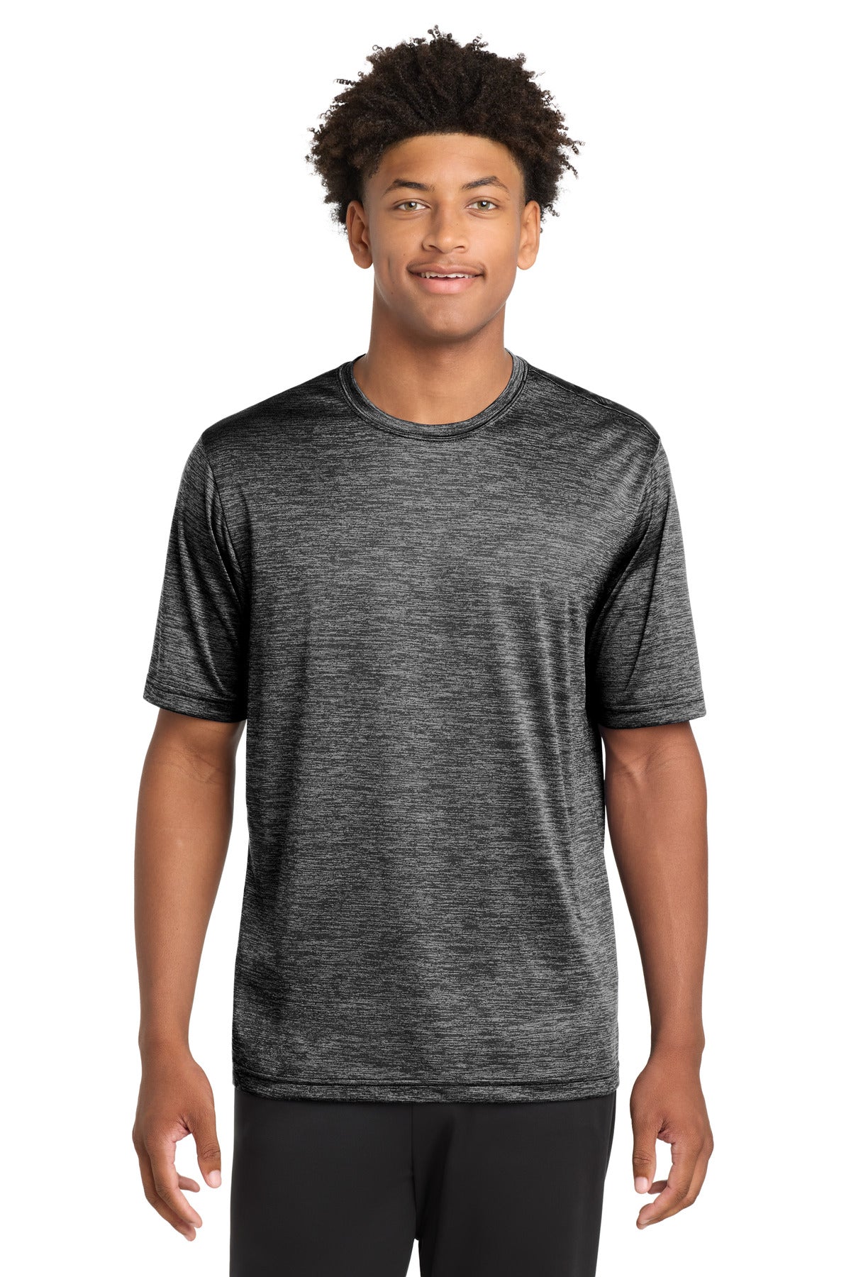 Front View of Grey Black Ele Sport-Tek PosiCharge Electric Heather Tee. ST390