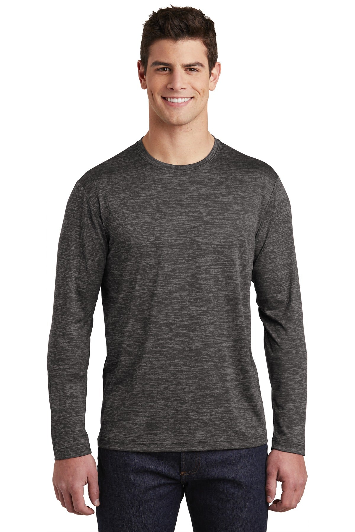 Front View of Grey-Black Ele Sport-Tek PosiCharge Long Sleeve Electric Heather Tee. ST390LS