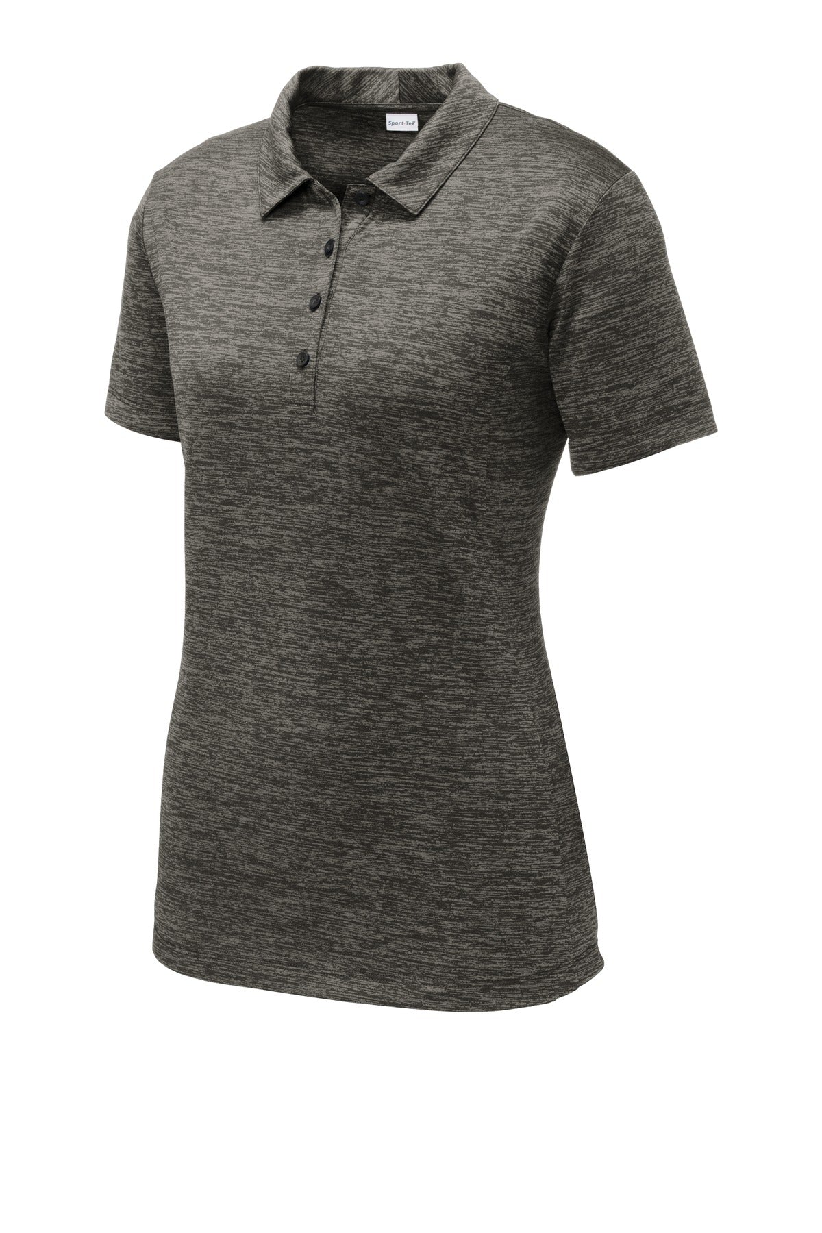 Front View of Grey-Black Ele Sport-Tek Women's PosiCharge Electric Heather Polo. LST590