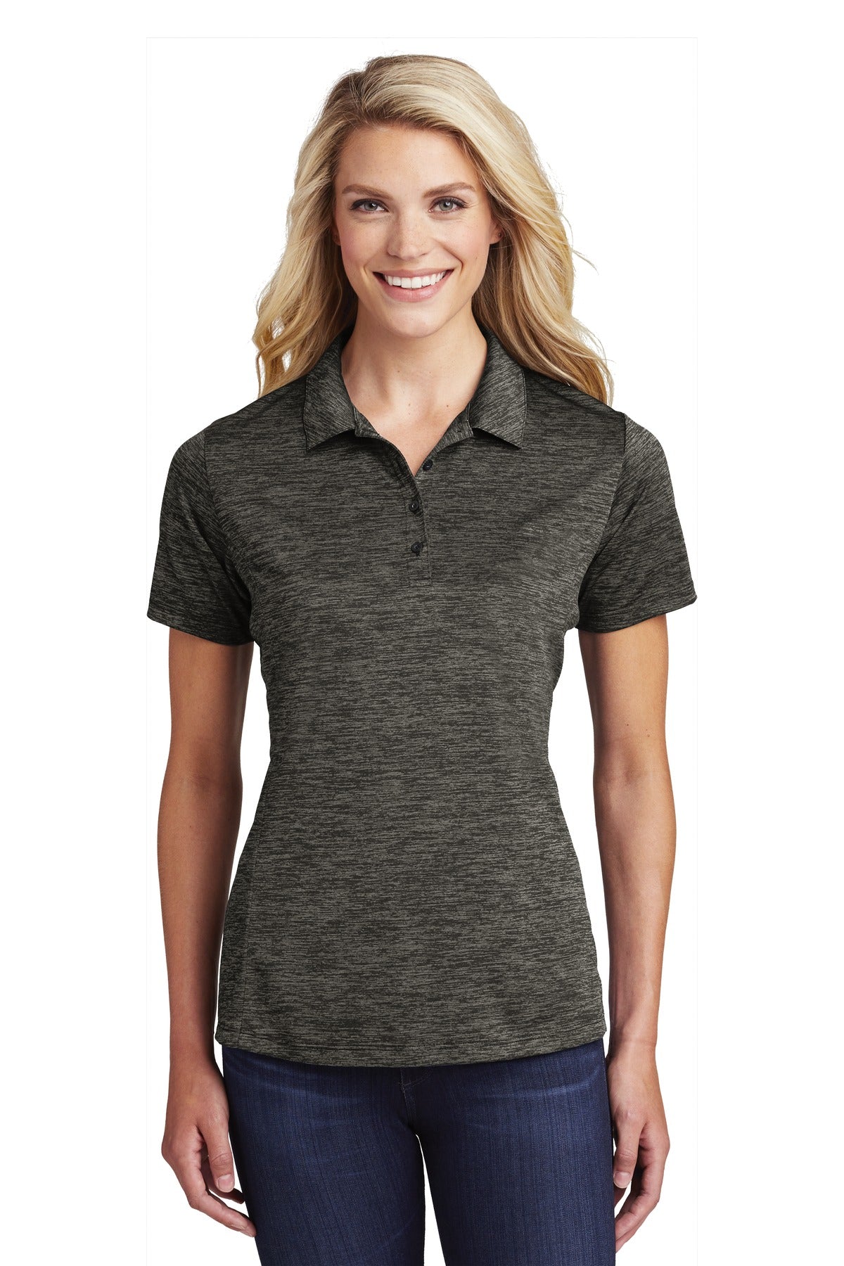 Front View of Grey-Black Ele Sport-Tek Women's PosiCharge Electric Heather Polo. LST590