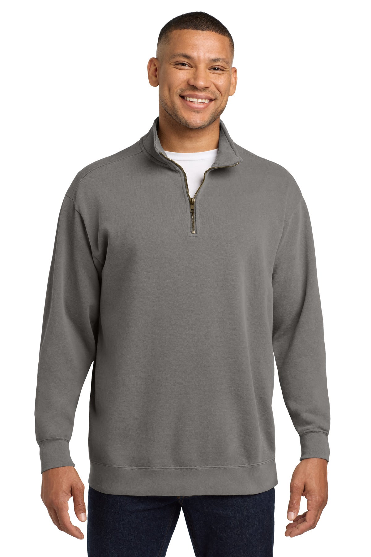 Front View of Grey COMFORT COLORS Ring Spun 1/4-Zip Sweatshirt. 1580