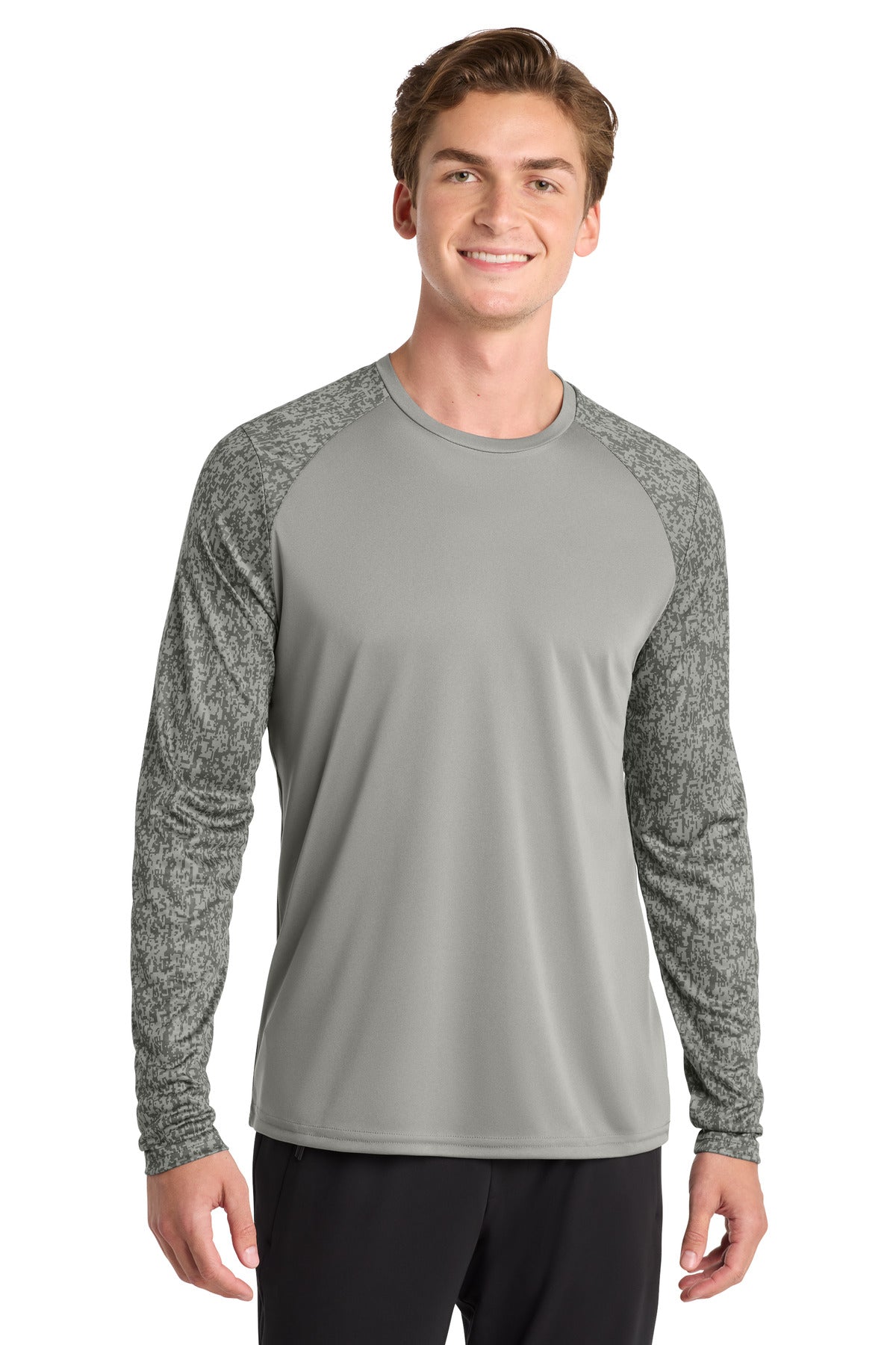 Front View of Grey Concrete Sport-Tek Long Sleeve Digi Camo Tee. ST460LS